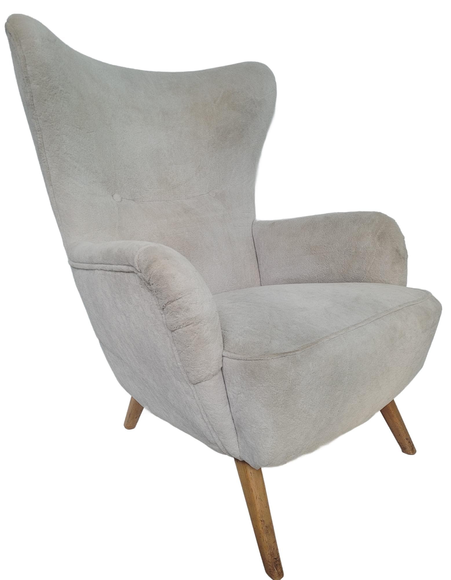Armchair wingback, beige velvet, light brown wood, Poland, 1960s.