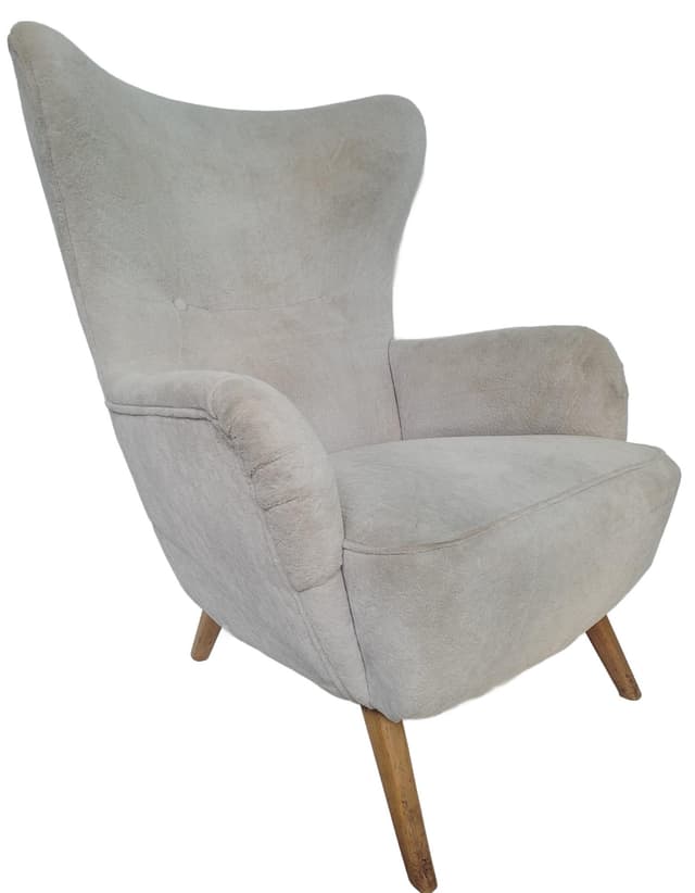 Armchair wingback, beige velvet, light brown wood, Poland, 1960s. - DIMENSION