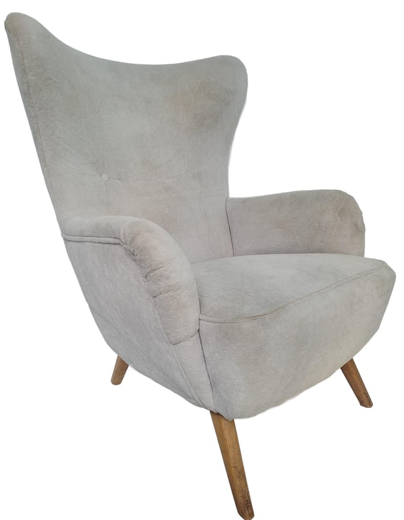 Armchair wingback, beige velvet, light brown wood, Poland, 1960s.