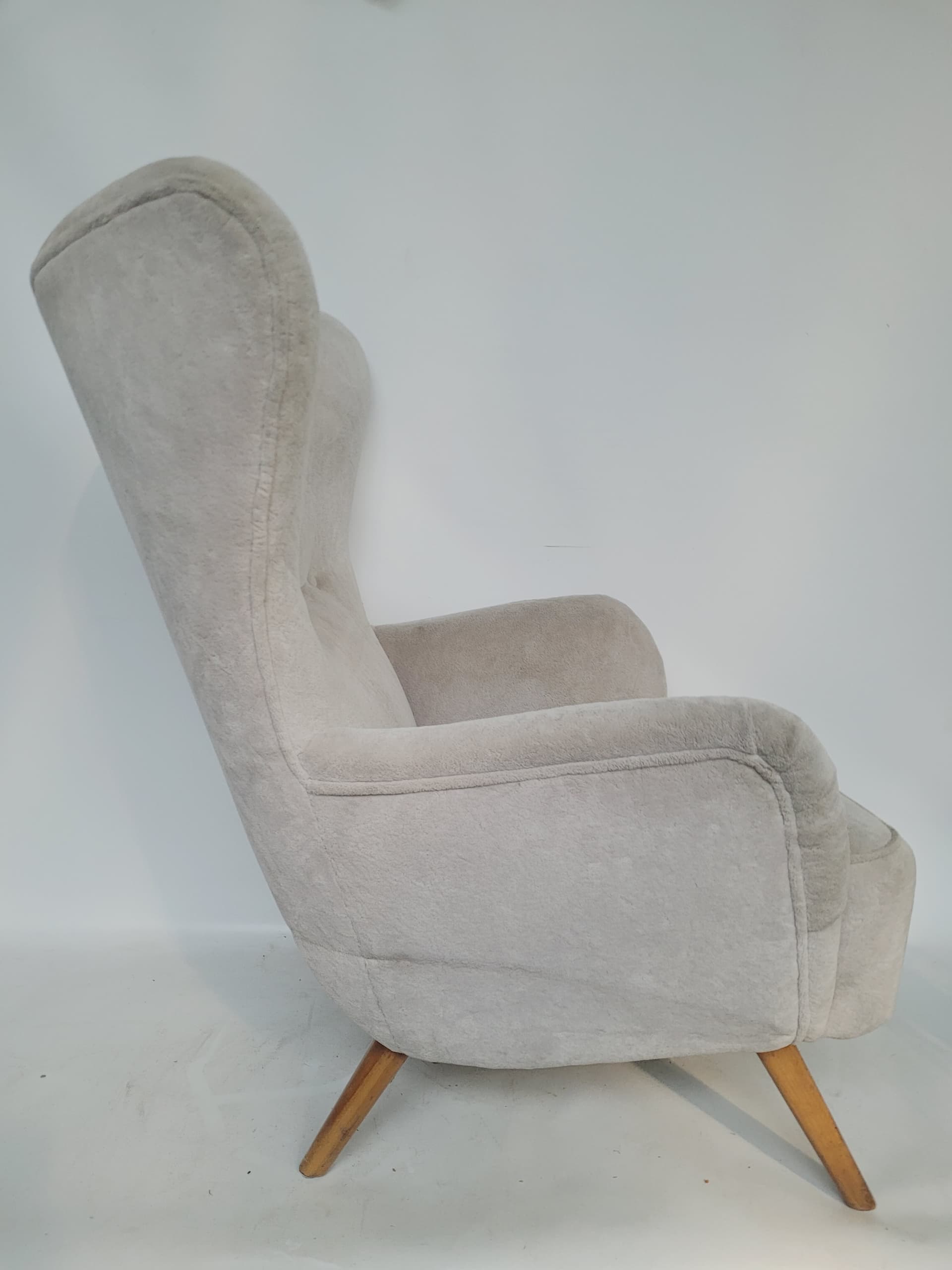 Armchair wingback, beige velvet, light brown wood, Poland, 1960s. - 363504