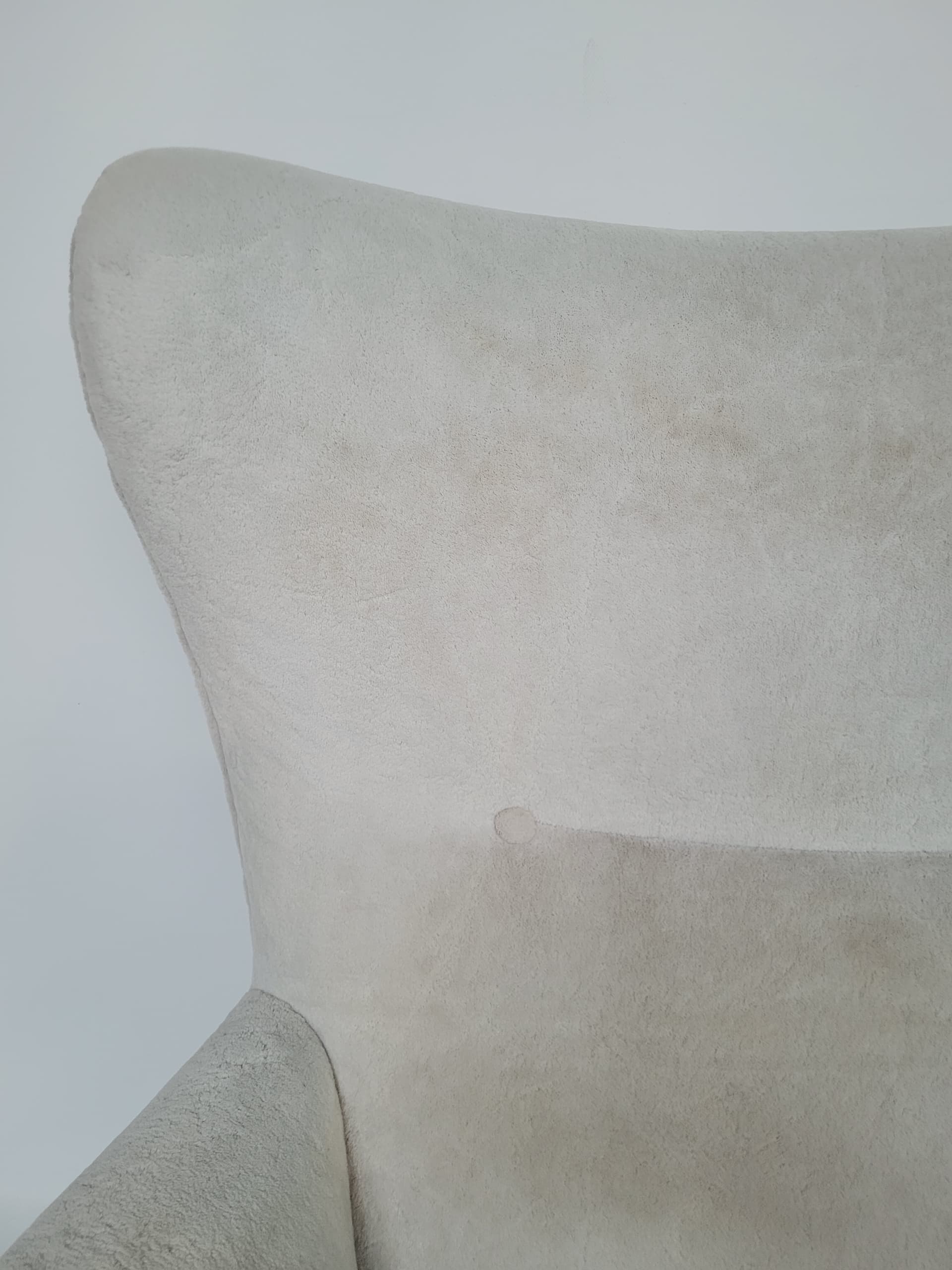 Armchair wingback, beige velvet, light brown wood, Poland, 1960s. - 363509