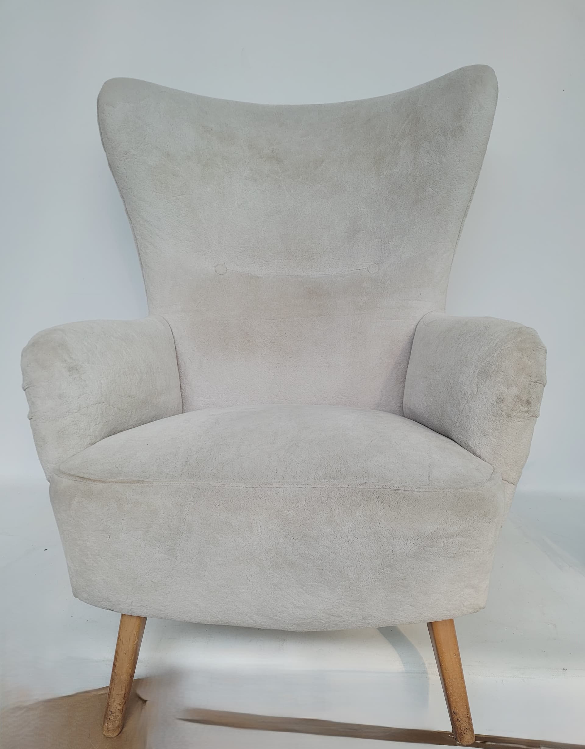 Armchair wingback, beige velvet, light brown wood, Poland, 1960s. - 363512