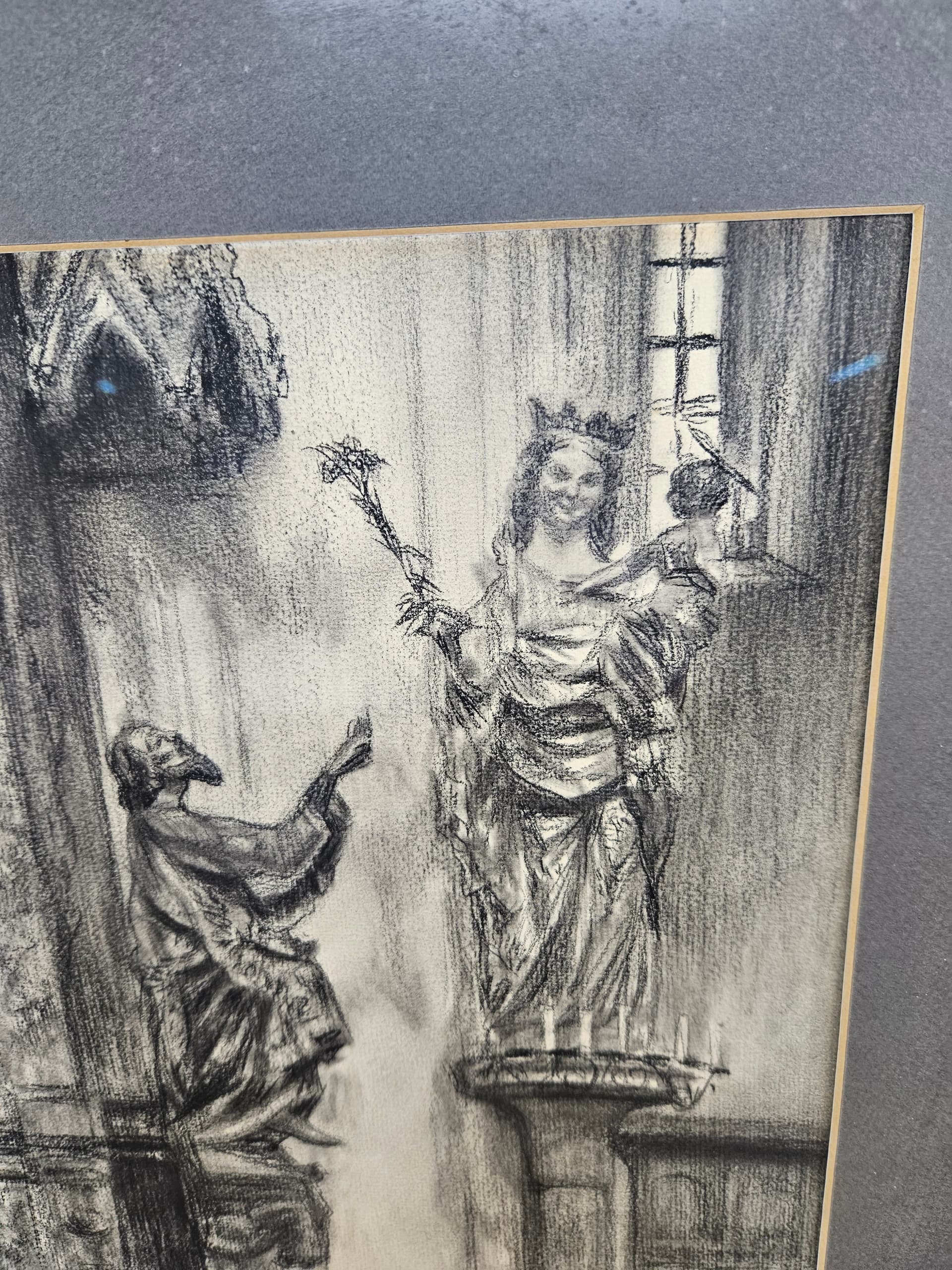 Rysunek Madonna in Dom zu Würzburg, czarny papier, rama drewno brązowy, art. P. Bach, Niemcy, początek XX w. - 363574