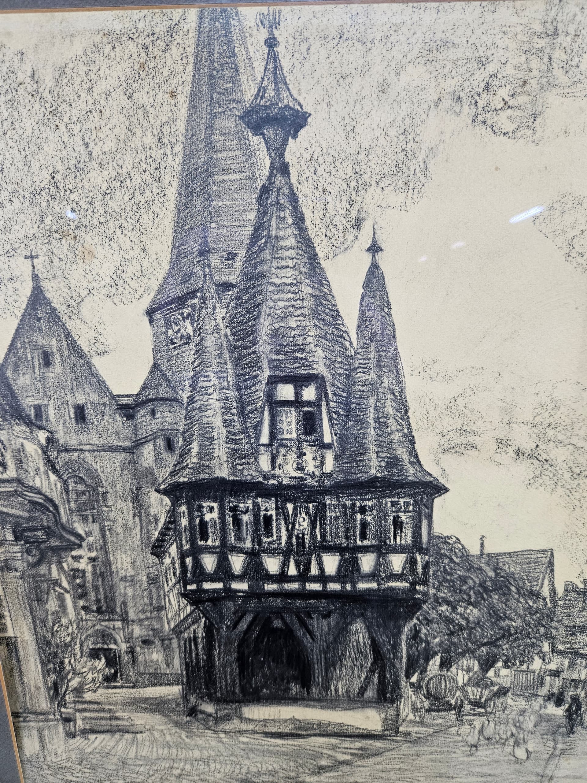 Rysunek Rathaus zu Michelstadt, papier, czarna kreda, oprawa drewno brązowy, art. P. Bach, Niemcy, początek XX w. - 363588