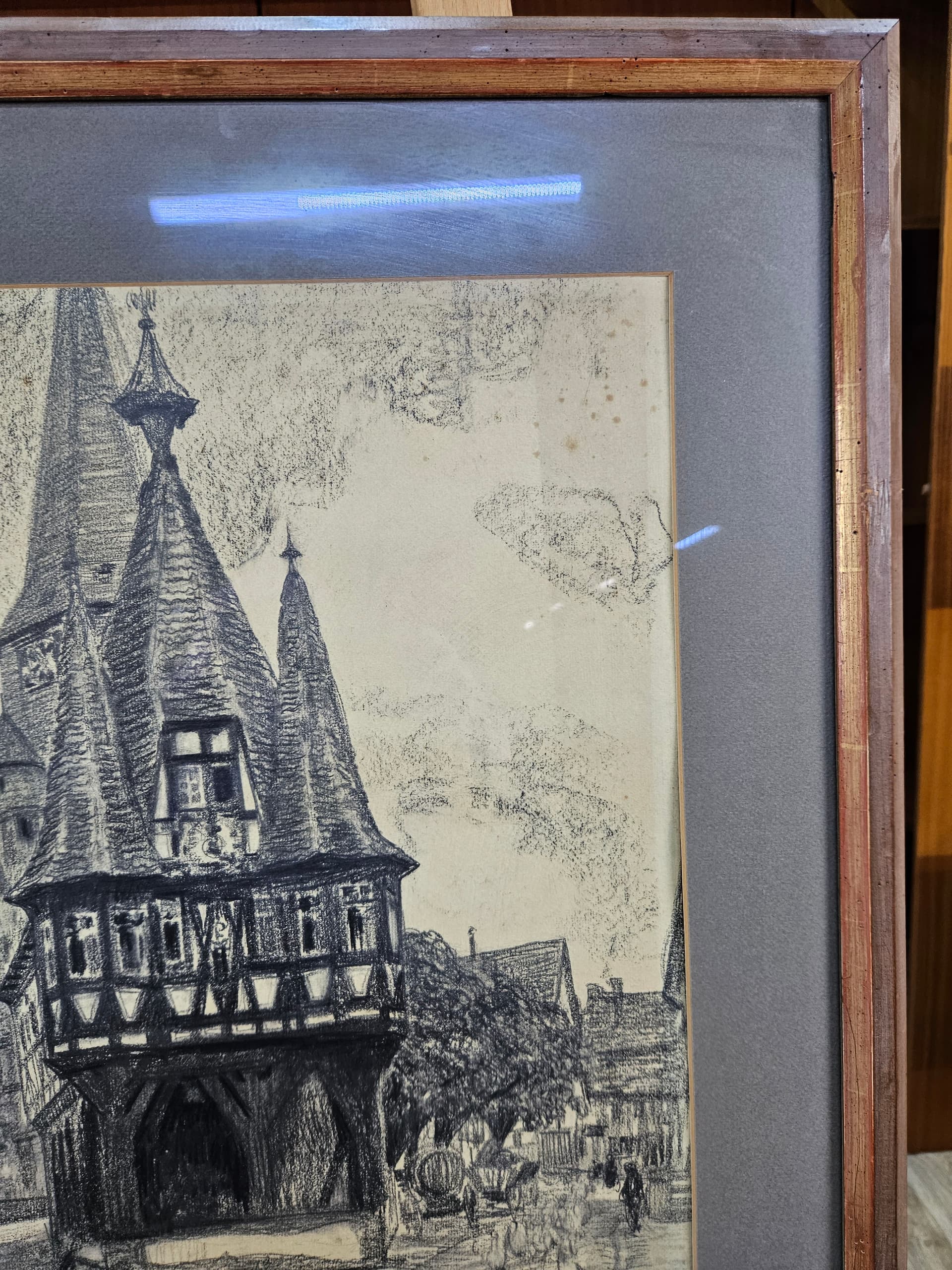 Rysunek Rathaus zu Michelstadt, papier, czarna kreda, oprawa drewno brązowy, art. P. Bach, Niemcy, początek XX w. - 363591