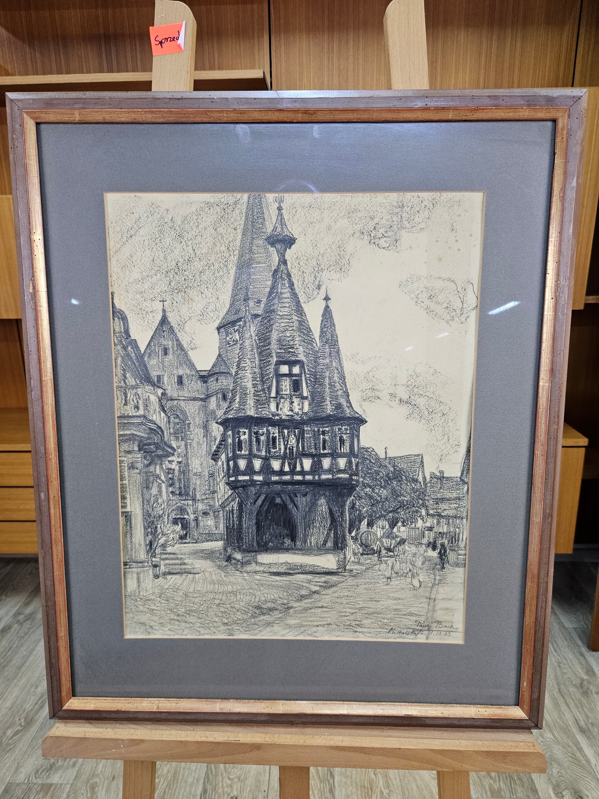 Rysunek Rathaus zu Michelstadt, papier, czarna kreda, oprawa drewno brązowy, art. P. Bach, Niemcy, początek XX w. - 363582