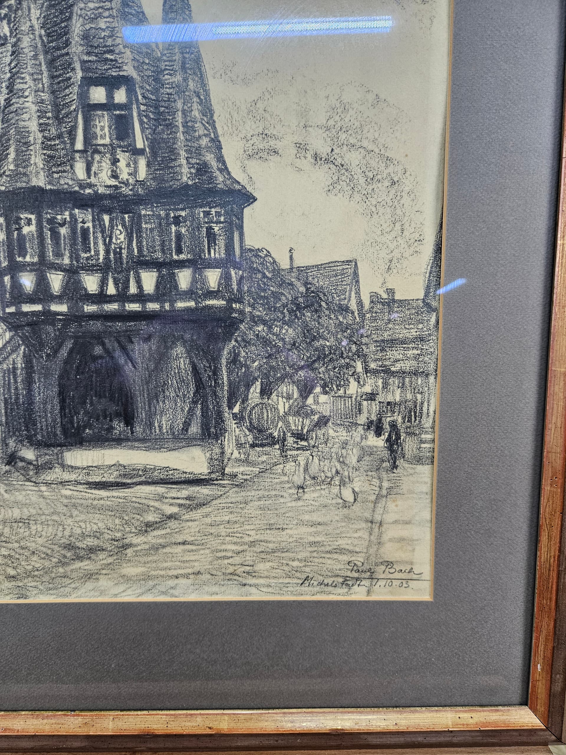 Rysunek Rathaus zu Michelstadt, papier, czarna kreda, oprawa drewno brązowy, art. P. Bach, Niemcy, początek XX w. - 363589