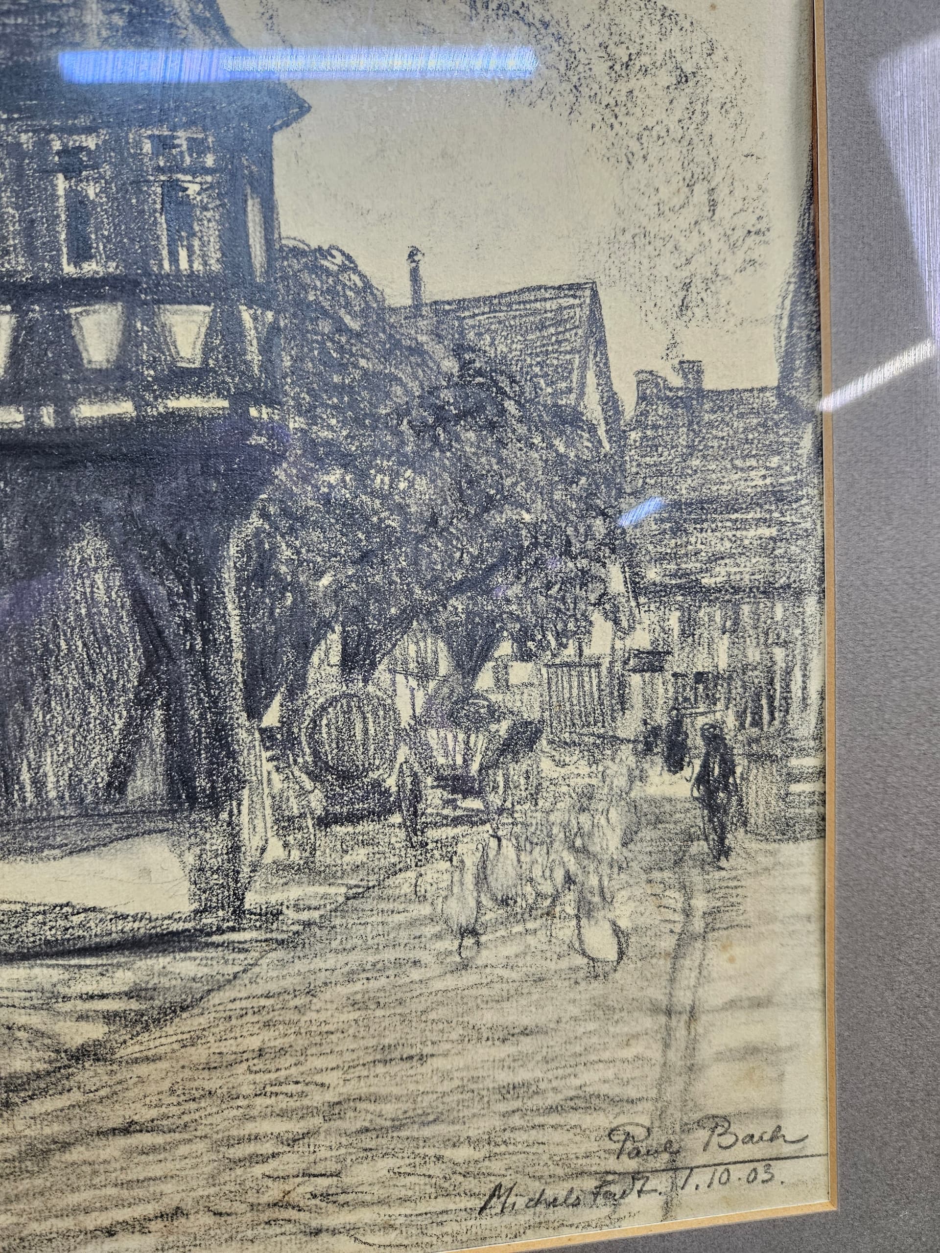Rysunek Rathaus zu Michelstadt, papier, czarna kreda, oprawa drewno brązowy, art. P. Bach, Niemcy, początek XX w. - 363585