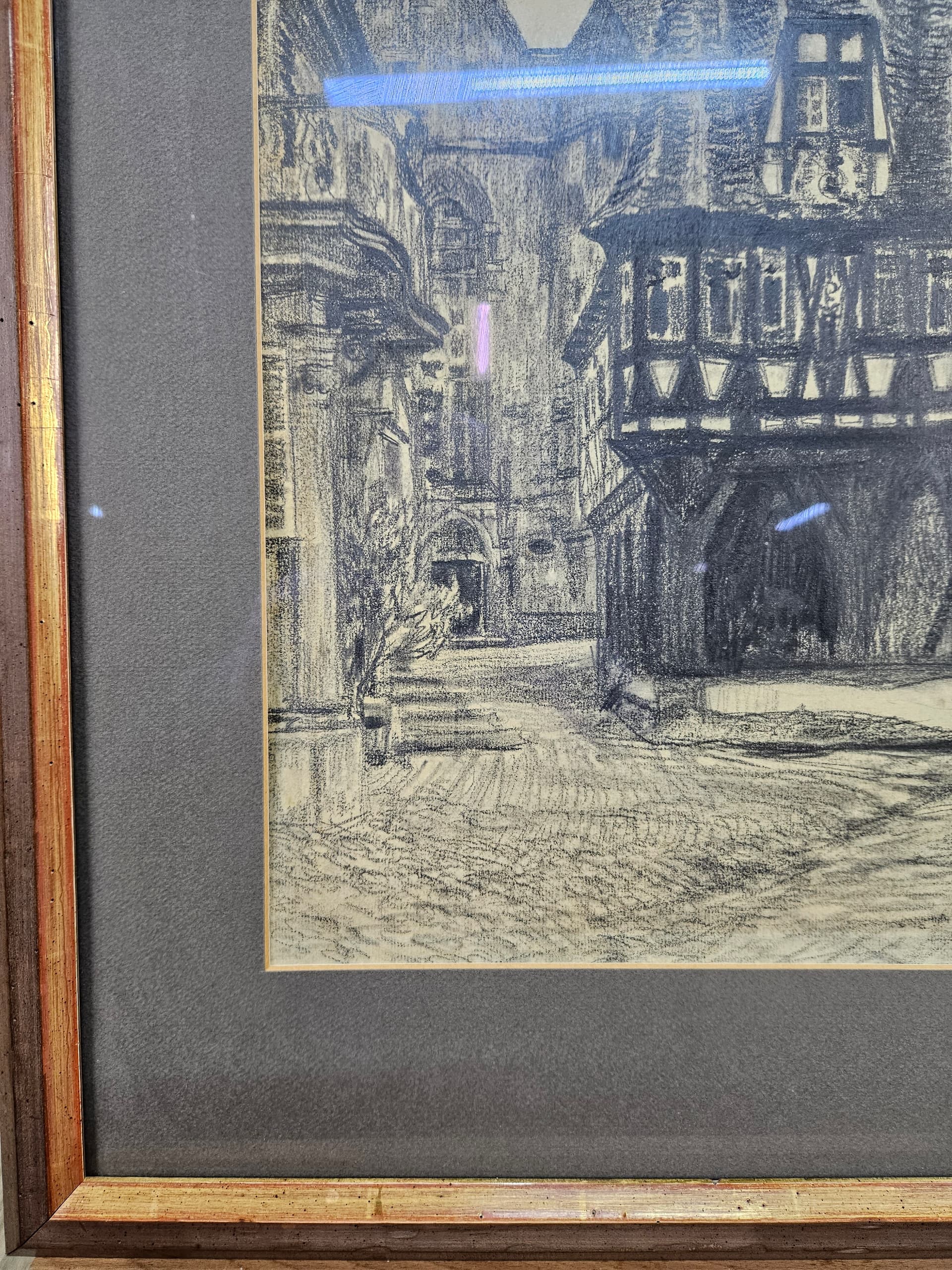 Rysunek Rathaus zu Michelstadt, papier, czarna kreda, oprawa drewno brązowy, art. P. Bach, Niemcy, początek XX w. - 363583