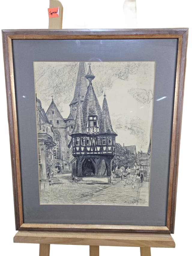 Rysunek Rathaus zu Michelstadt, papier, czarna kreda, oprawa drewno brązowy, art. P. Bach, Niemcy, początek XX w. - WYMIARY