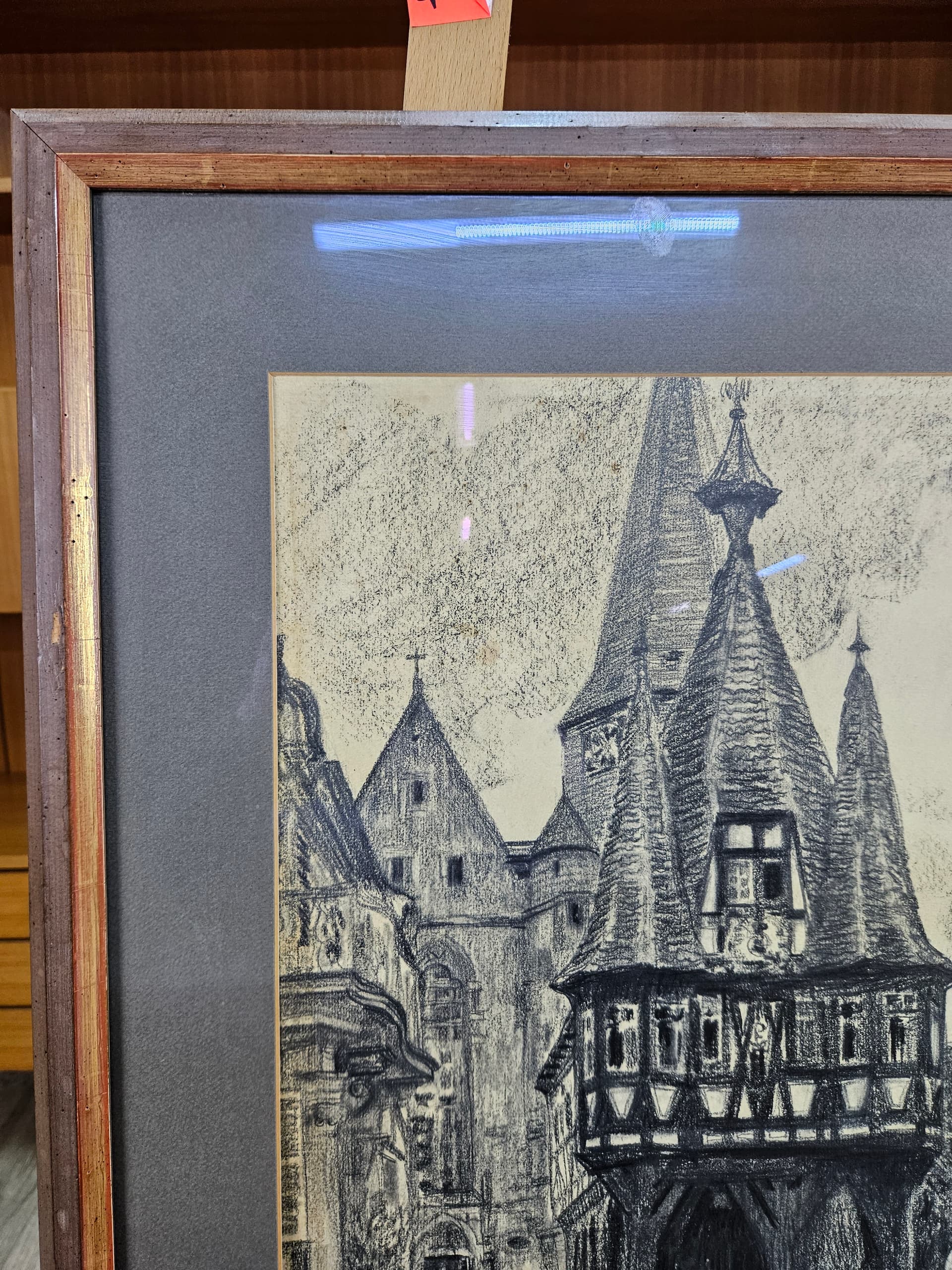 Rysunek Rathaus zu Michelstadt, papier, czarna kreda, oprawa drewno brązowy, art. P. Bach, Niemcy, początek XX w. - 363587