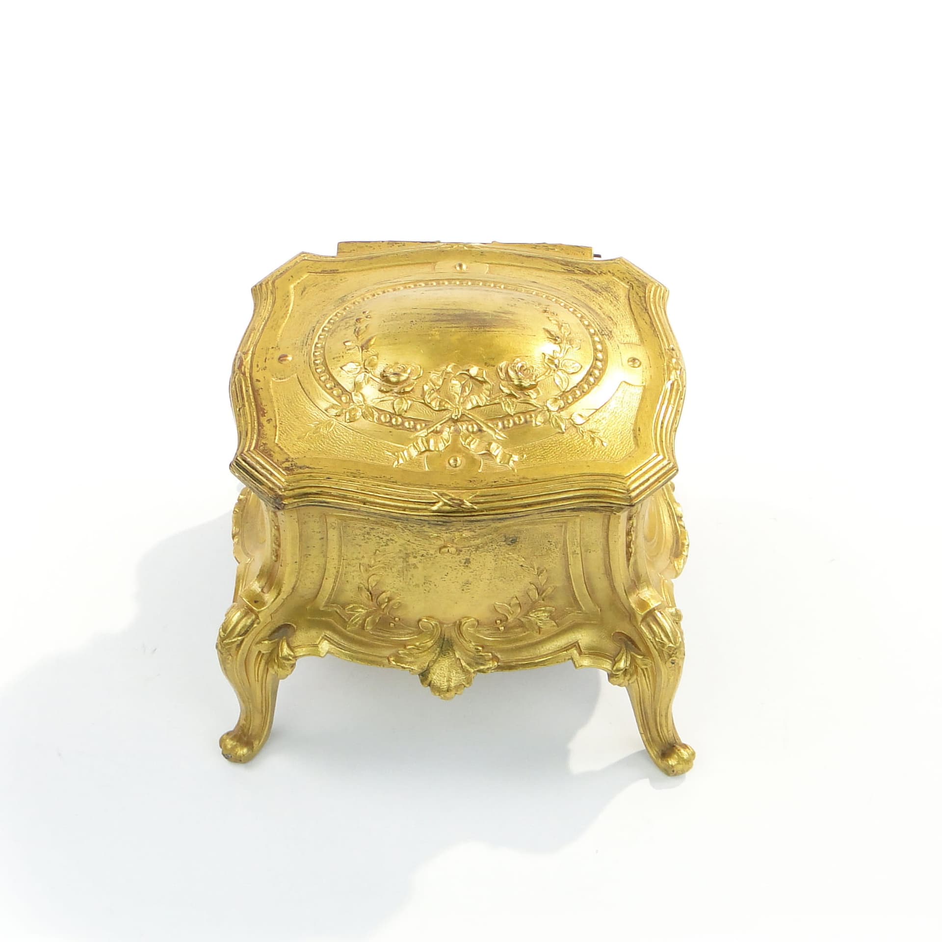 Pudełko na biżuterię, złoty metal, plusz czerwony, Francja, XIX w. - 363656
