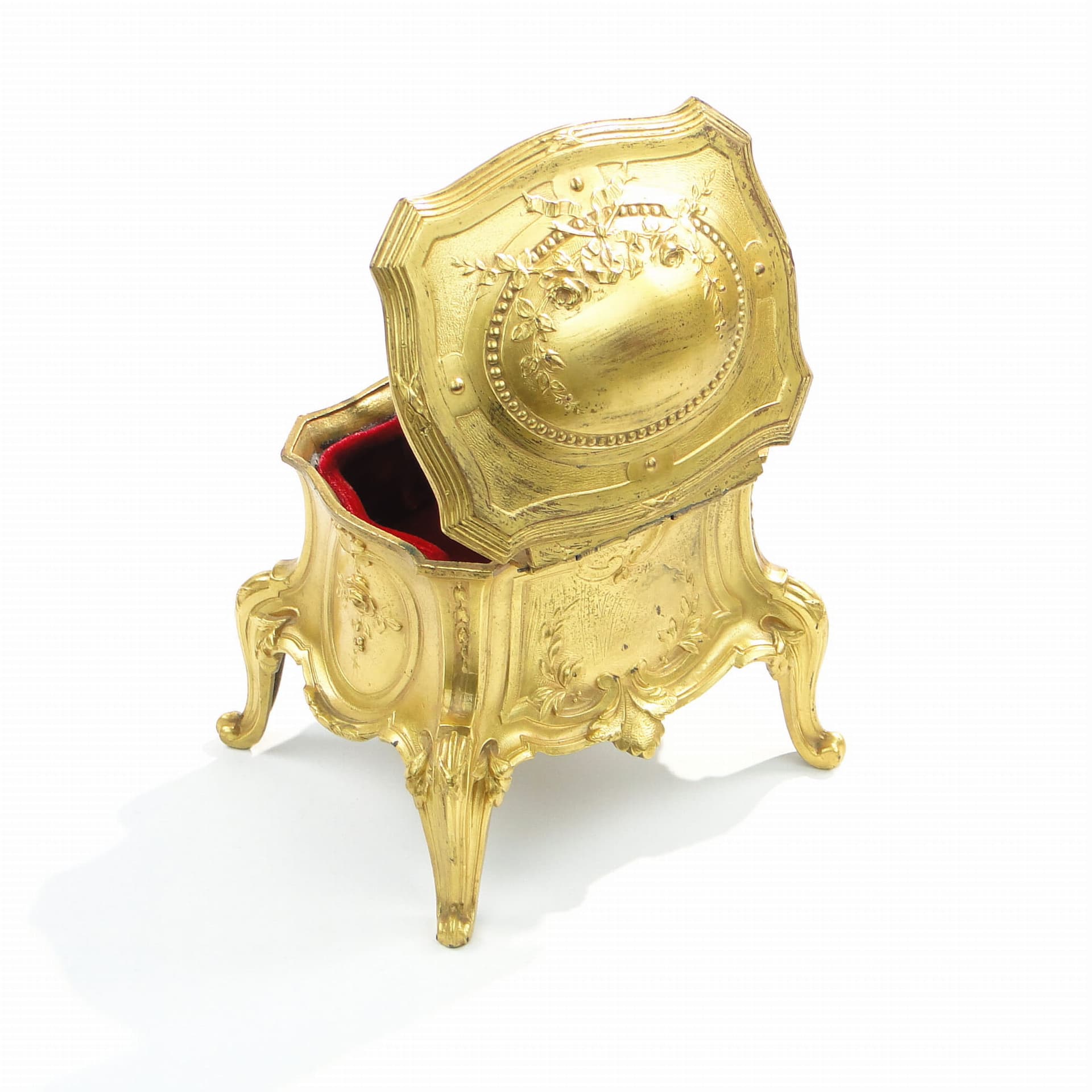 Pudełko na biżuterię, złoty metal, plusz czerwony, Francja, XIX w. - 363659