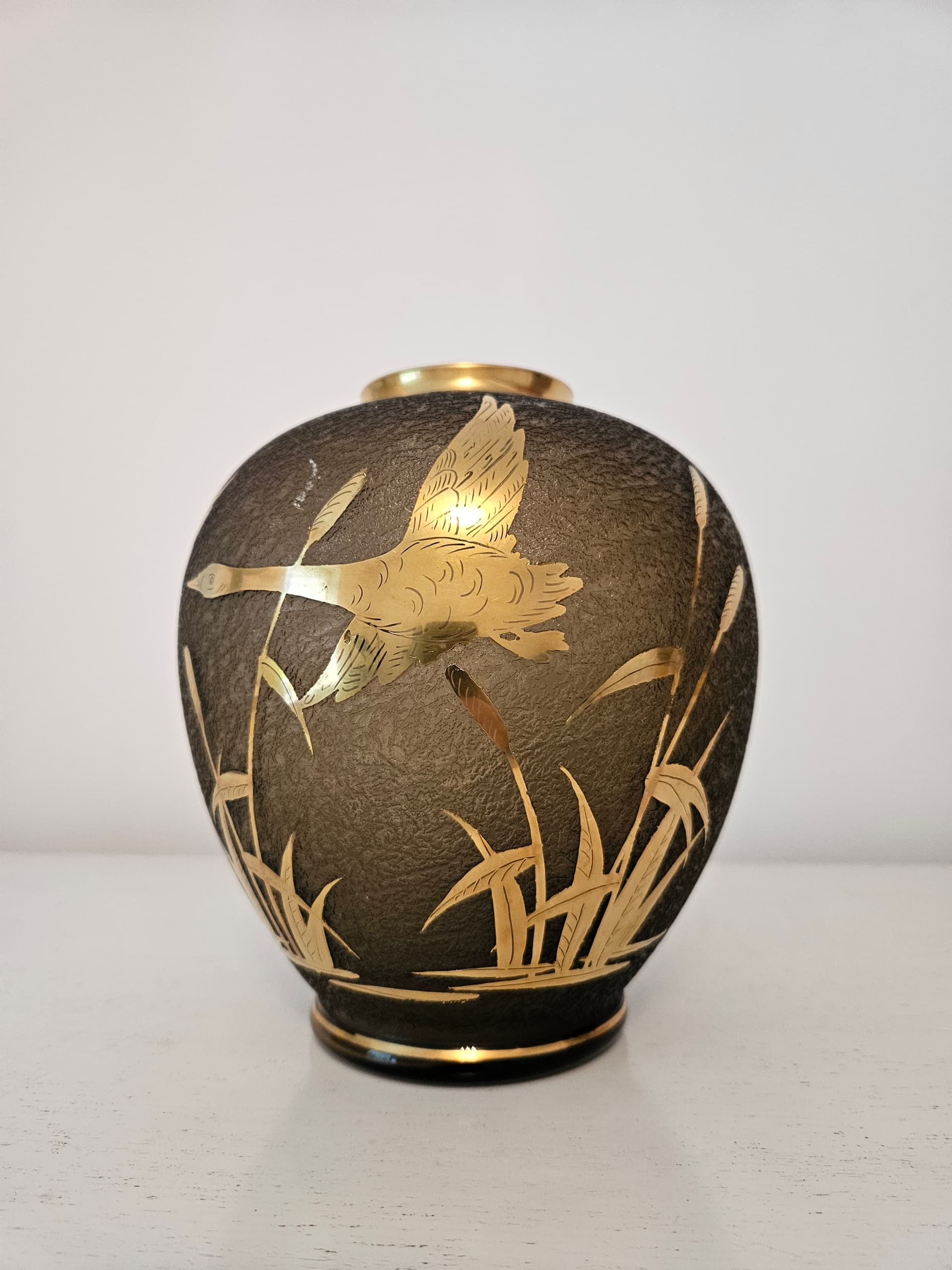 Vase, etched grey glass, gilded, by A. Taube, Füge & Taube, Germany, 1960s. - 363688