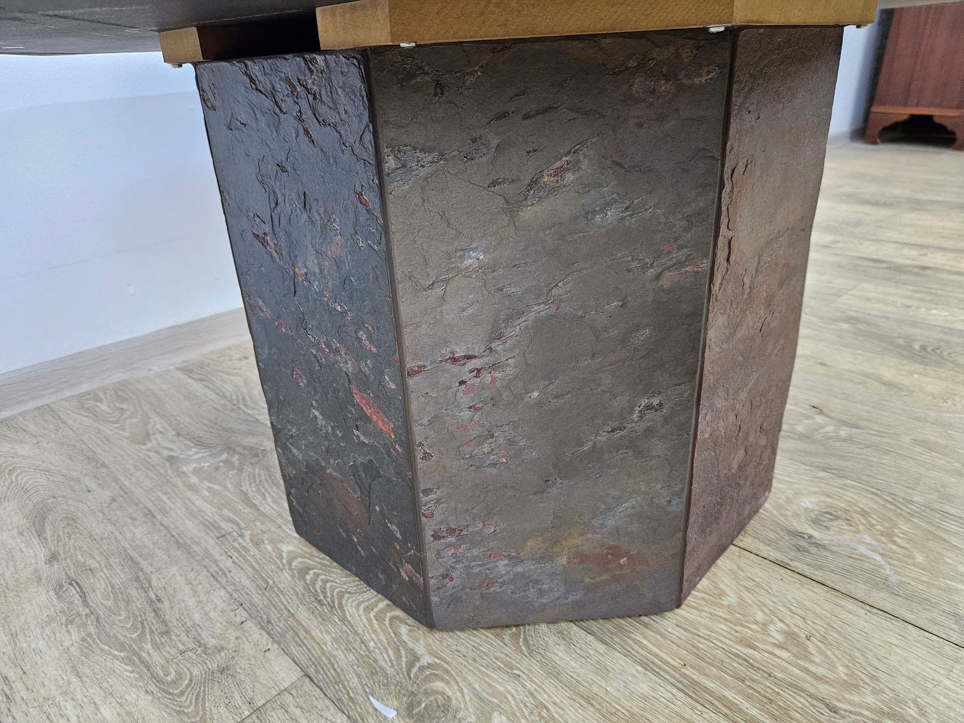 Octagonal coffee table, grey stone, golden brass, orange copper, by P. Kingma, Netherlands, 1980s. - 363773