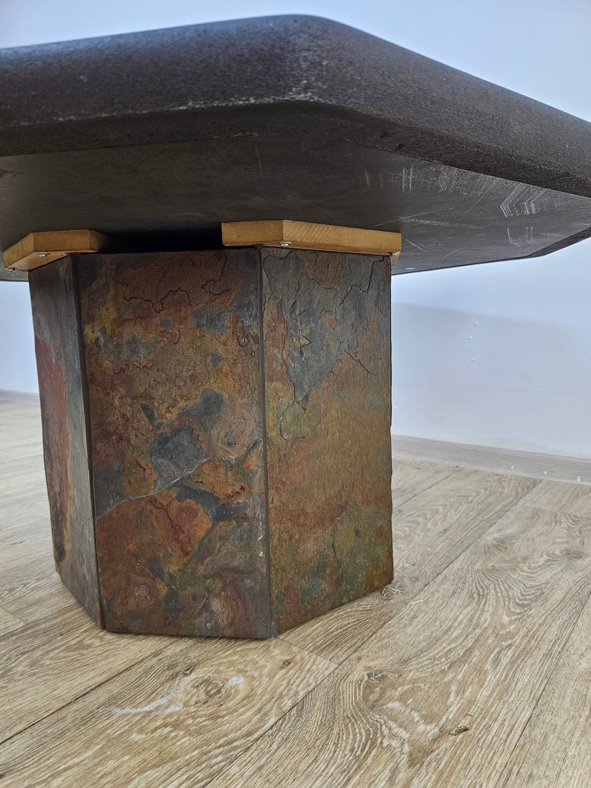 Octagonal coffee table, grey stone, golden brass, orange copper, by P. Kingma, Netherlands, 1980s. - 363777