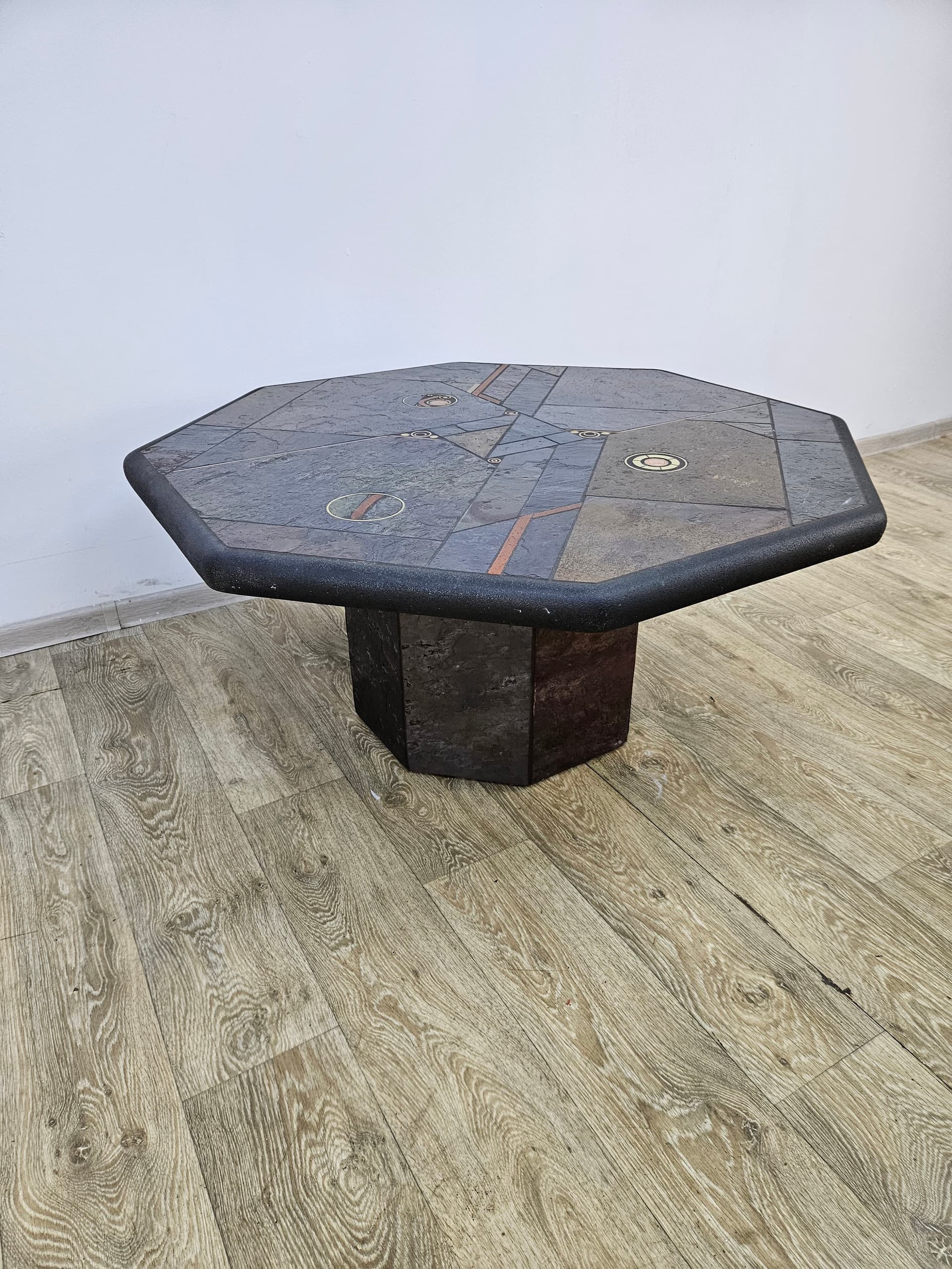Octagonal coffee table, grey stone, golden brass, orange copper, by P. Kingma, Netherlands, 1980s. - 363770