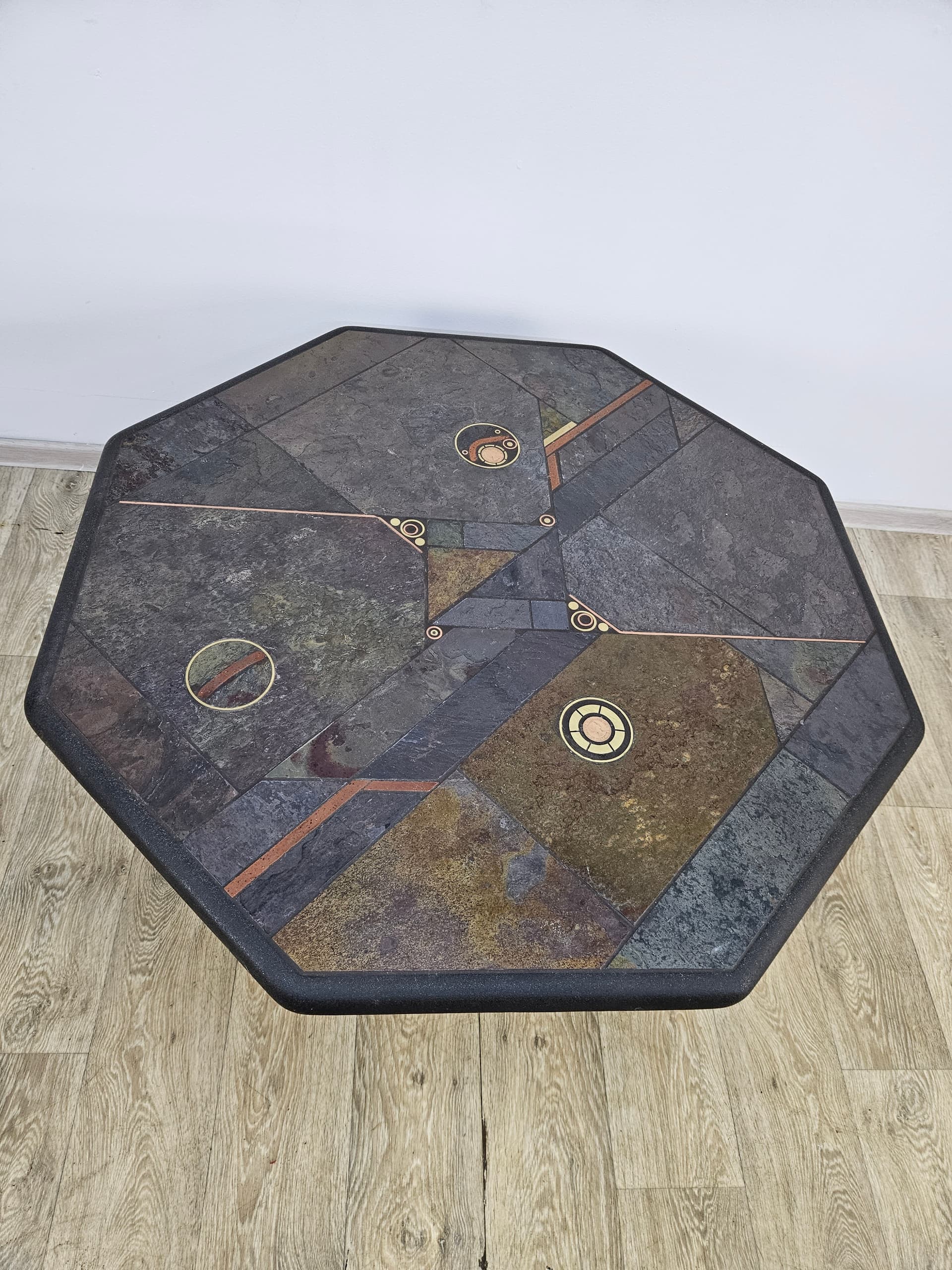 Octagonal coffee table, grey stone, golden brass, orange copper, by P. Kingma, Netherlands, 1980s. - 363764