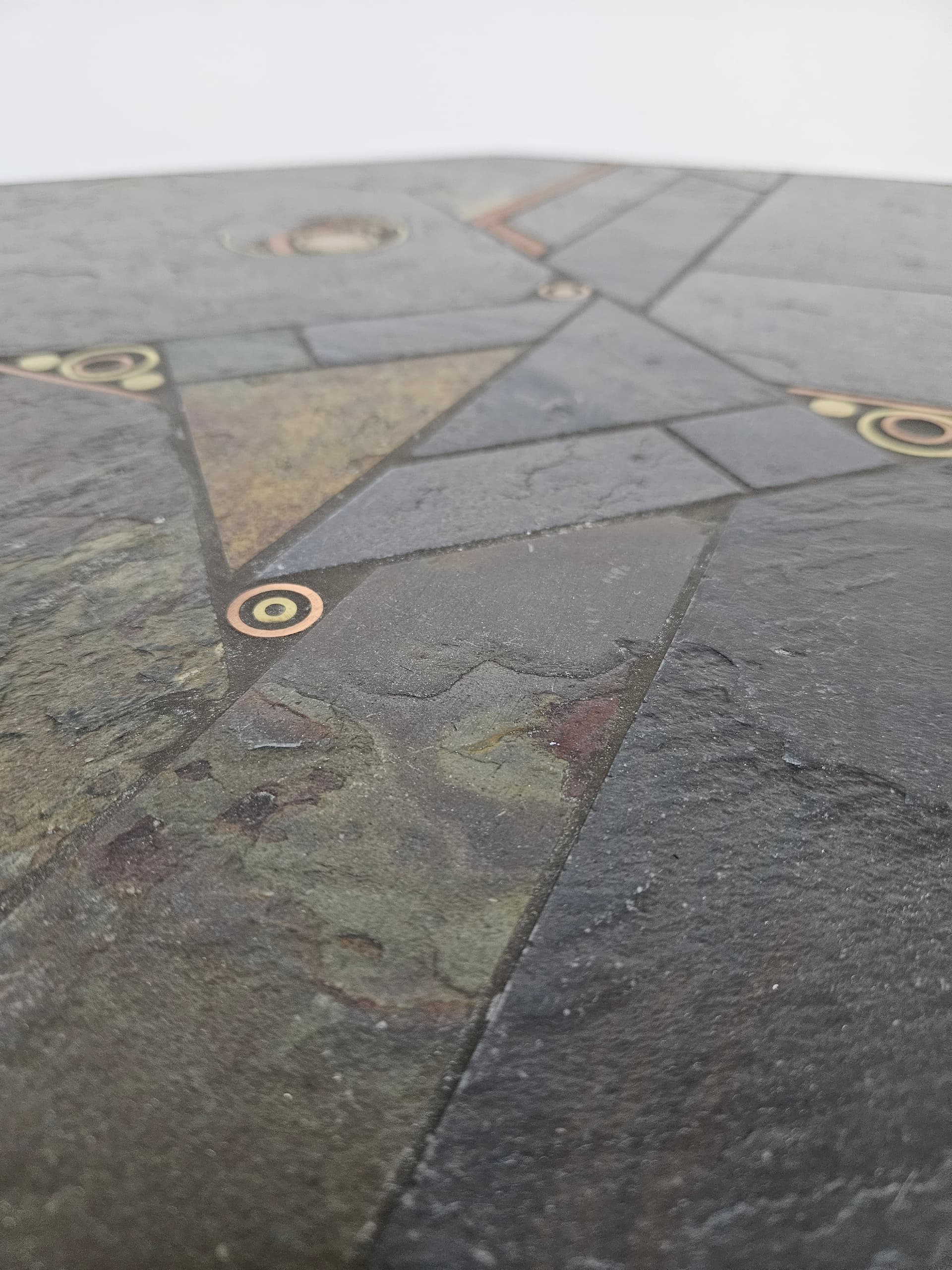 Octagonal coffee table, grey stone, golden brass, orange copper, by P. Kingma, Netherlands, 1980s. - 363765