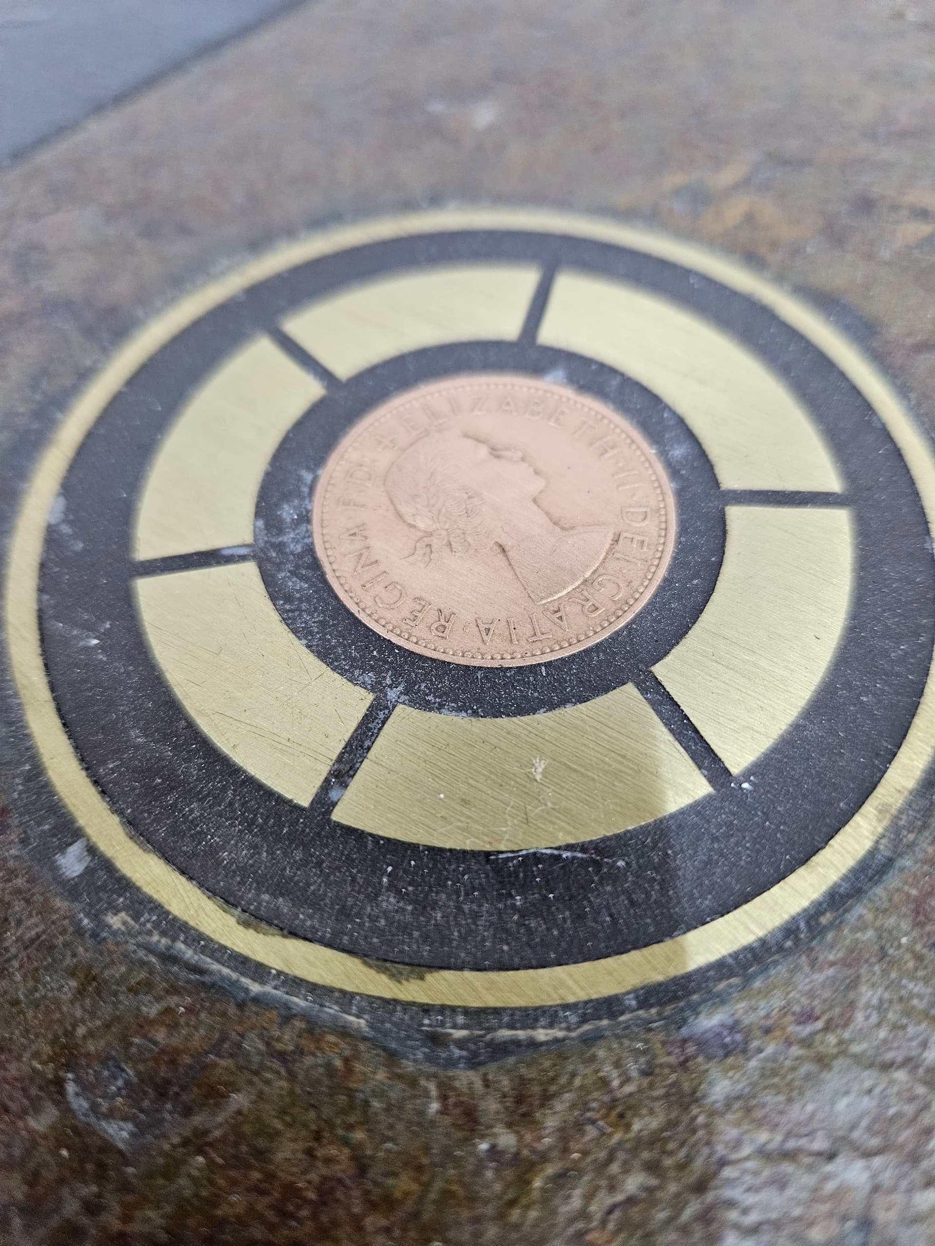Octagonal coffee table, grey stone, golden brass, orange copper, by P. Kingma, Netherlands, 1980s. - 363771