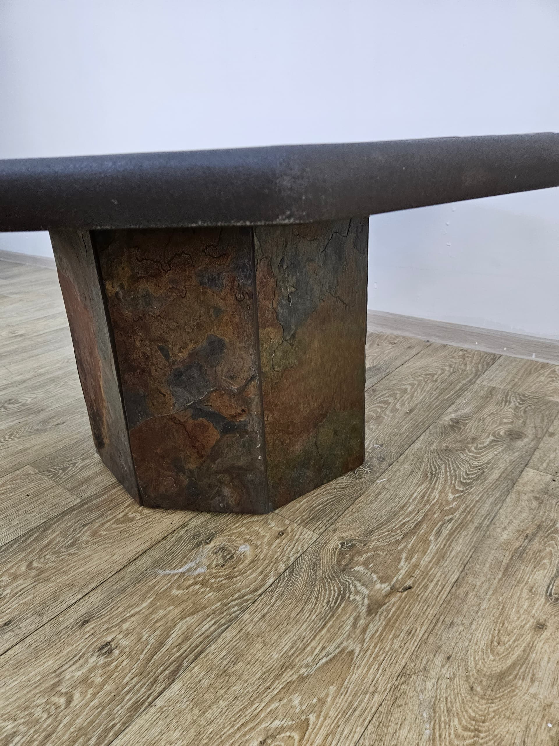 Octagonal coffee table, grey stone, golden brass, orange copper, by P. Kingma, Netherlands, 1980s. - 363776