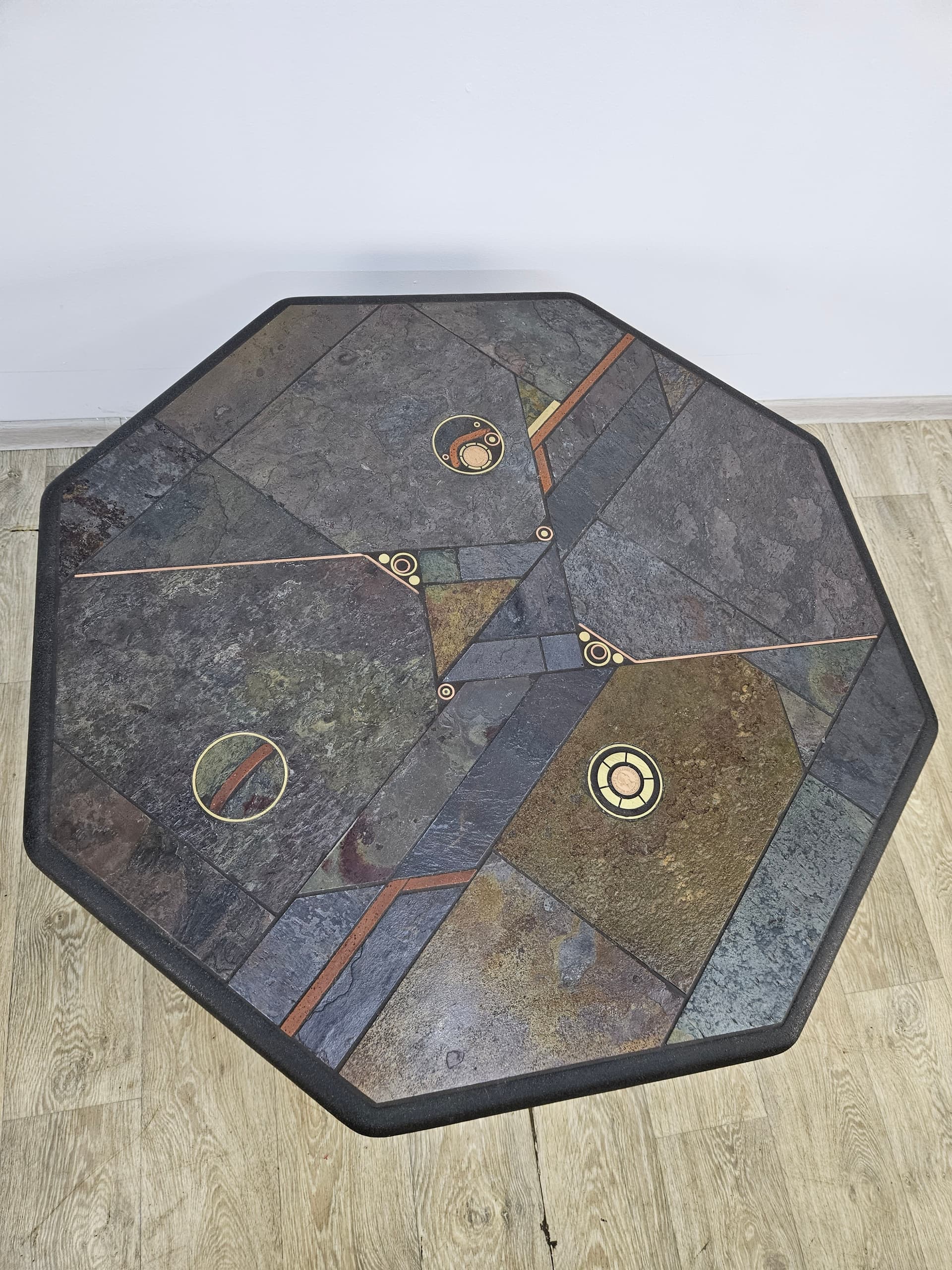 Octagonal coffee table, grey stone, golden brass, orange copper, by P. Kingma, Netherlands, 1980s. - 363767