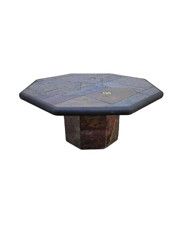 Octagonal coffee table, grey stone, golden brass, orange copper, by P. Kingma, Netherlands, 1980s. - DIMENSION