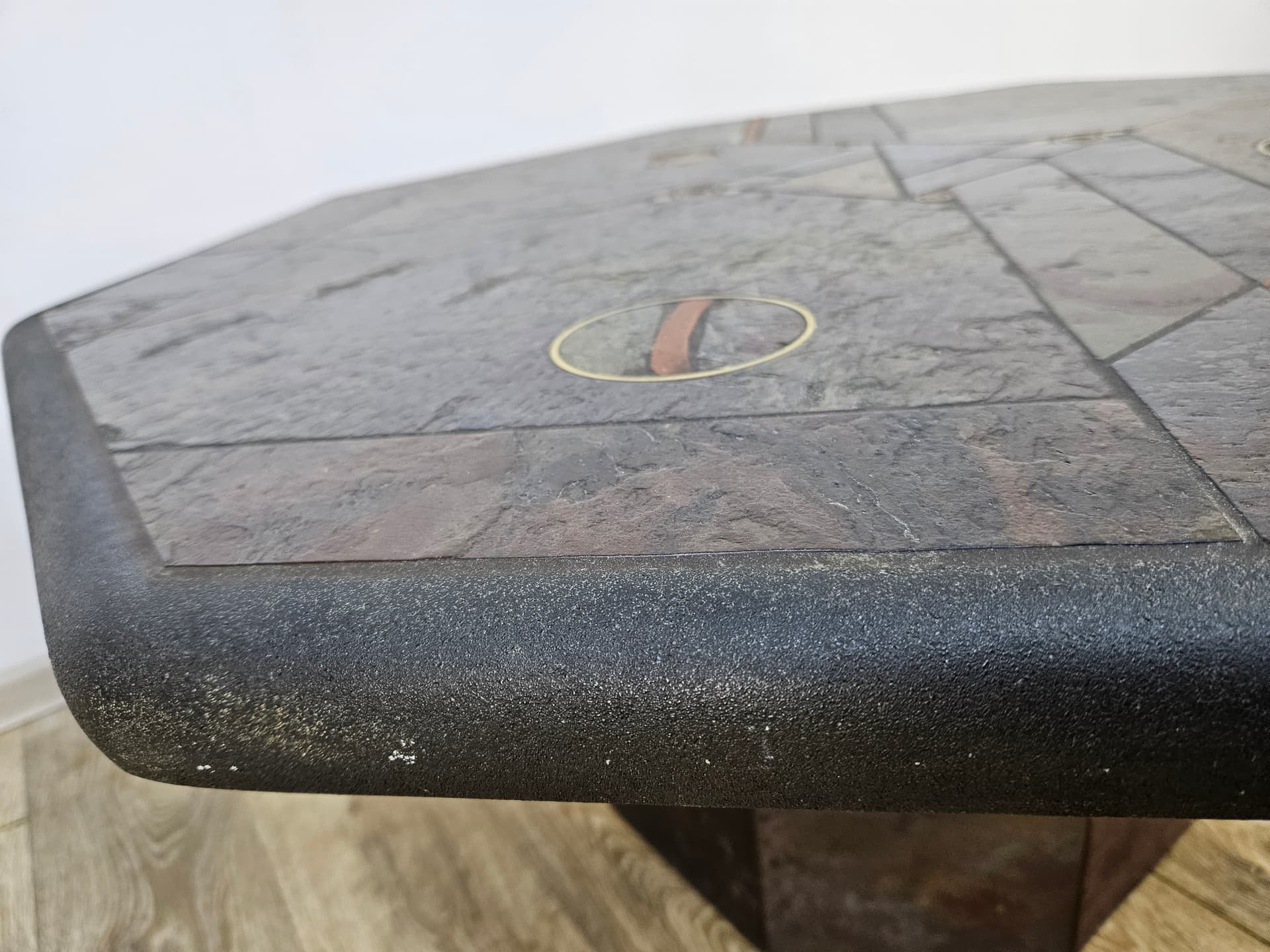 Octagonal coffee table, grey stone, golden brass, orange copper, by P. Kingma, Netherlands, 1980s. - 363768