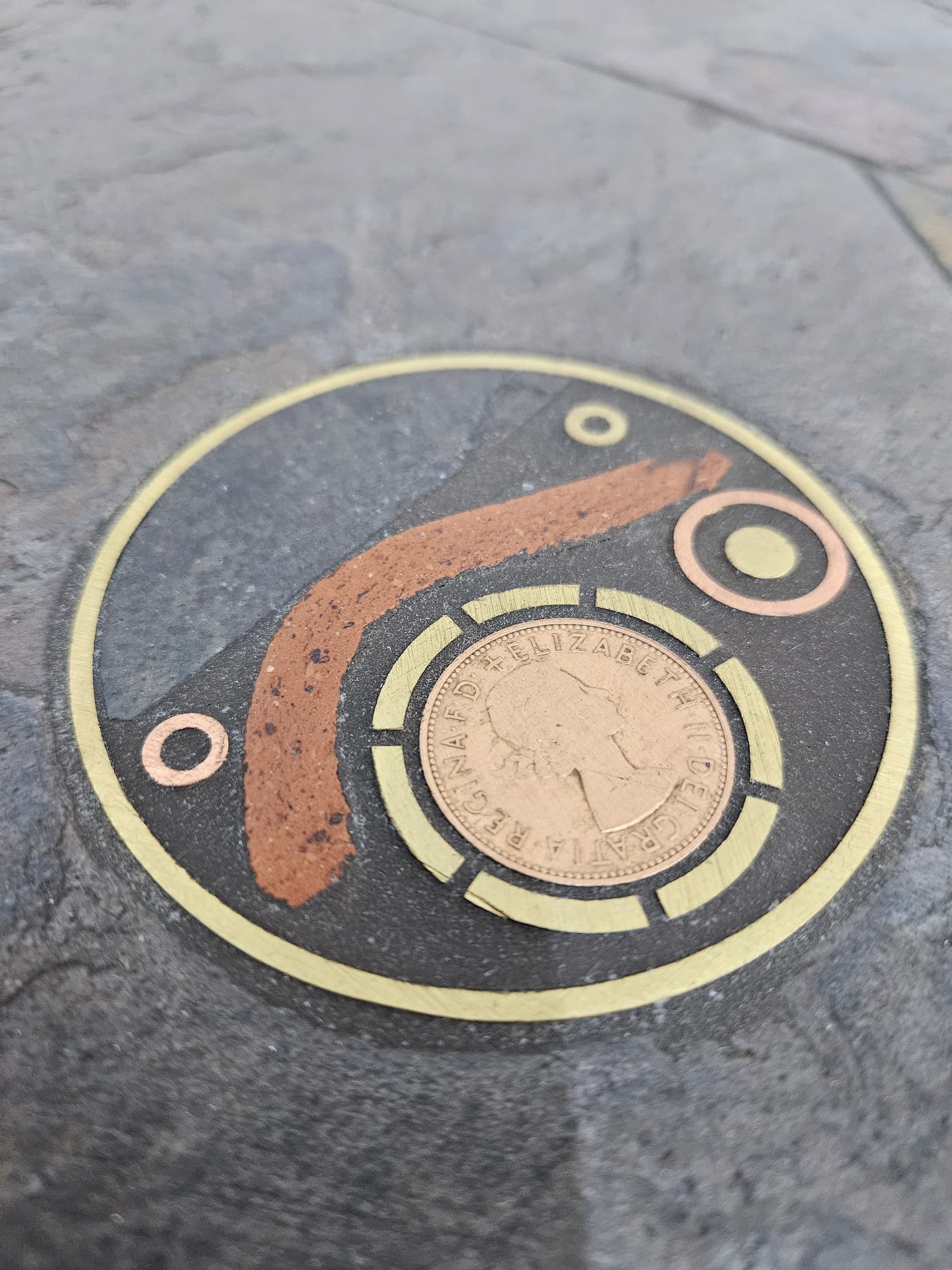 Octagonal coffee table, grey stone, golden brass, orange copper, by P. Kingma, Netherlands, 1980s. - 363766