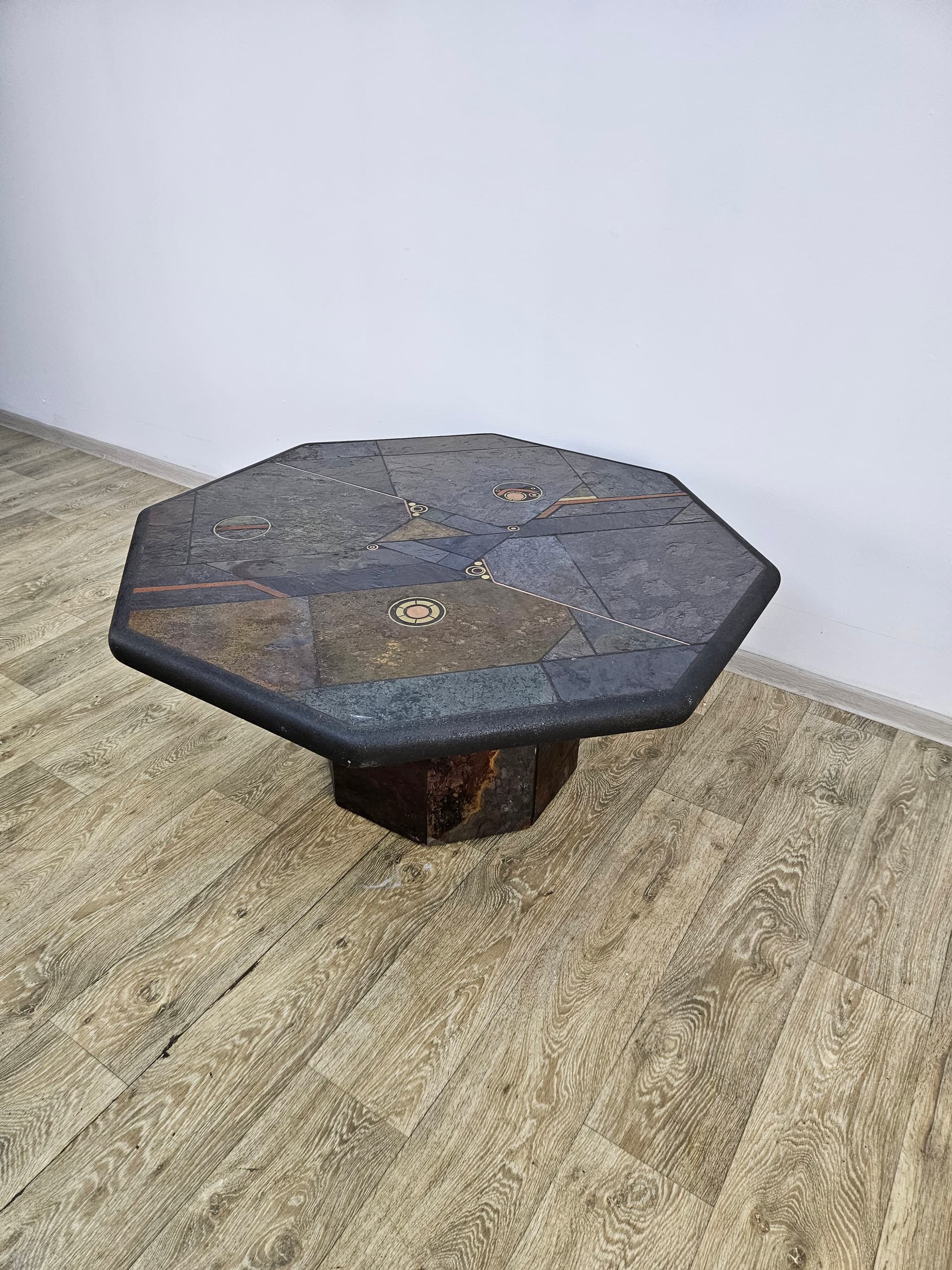 Octagonal coffee table, grey stone, golden brass, orange copper, by P. Kingma, Netherlands, 1980s. - 363769