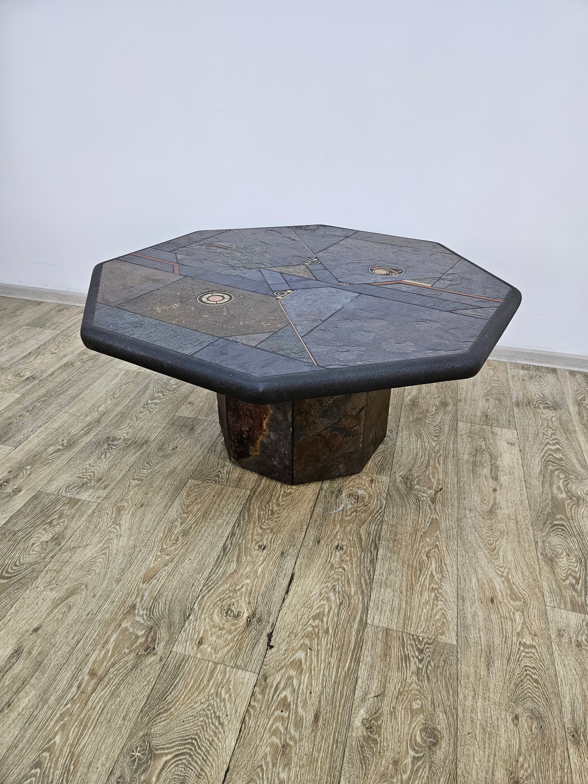 Octagonal coffee table, grey stone, golden brass, orange copper, by P. Kingma, Netherlands, 1980s. - 363775