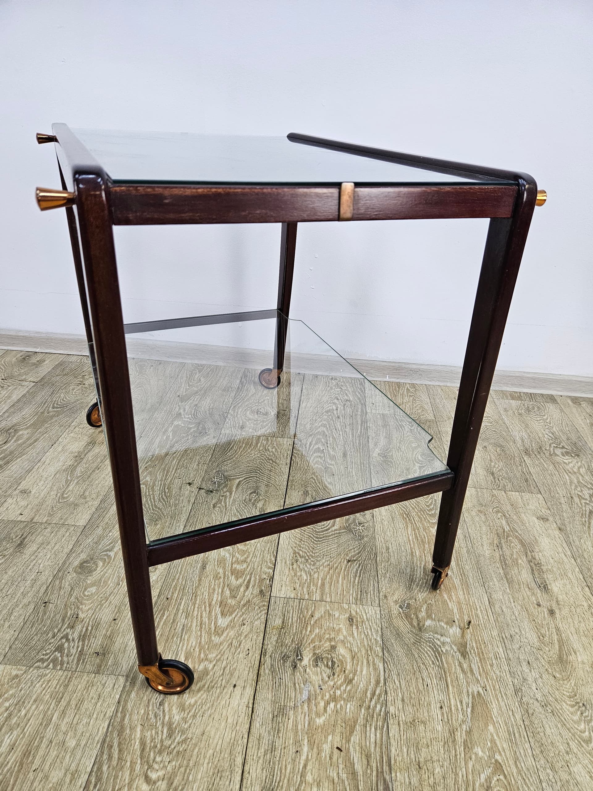 Bar cart, brown wood, glass, France, 1960s - 363797