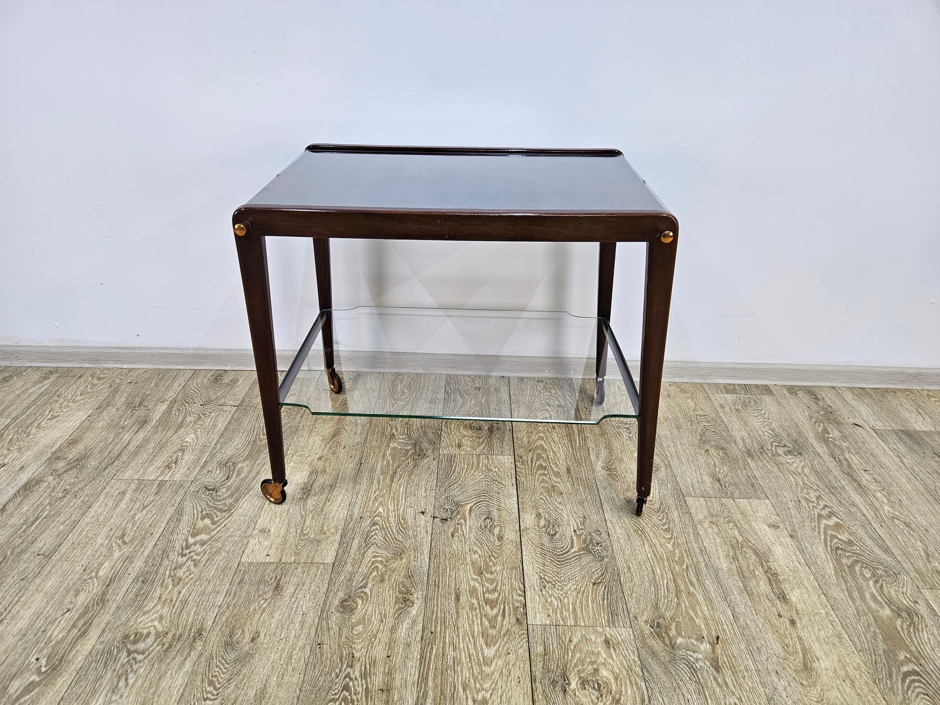 Bar cart, brown wood, glass, France, 1960s - 363788