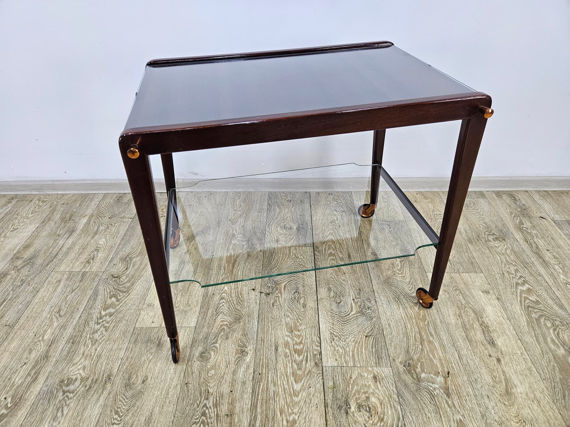 Bar cart, brown wood, glass, France, 1960s - 363789