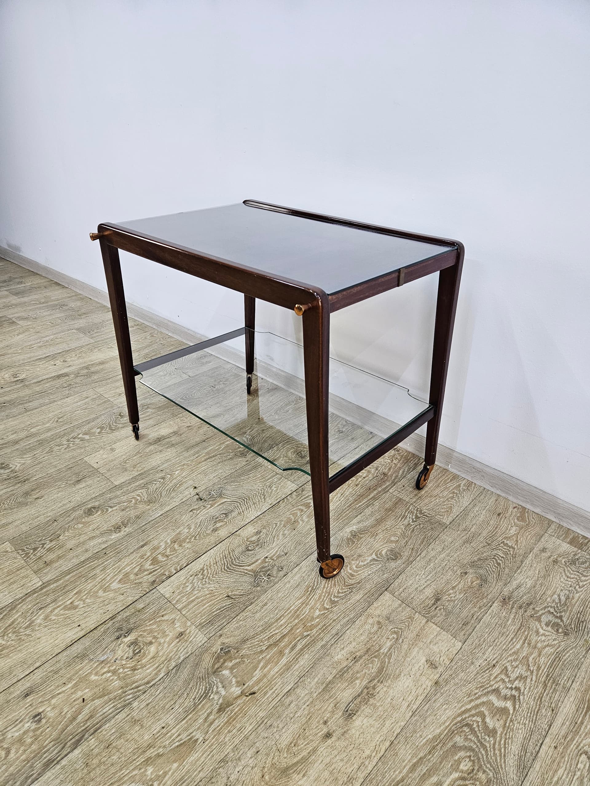 Bar cart, brown wood, glass, France, 1960s - 363792