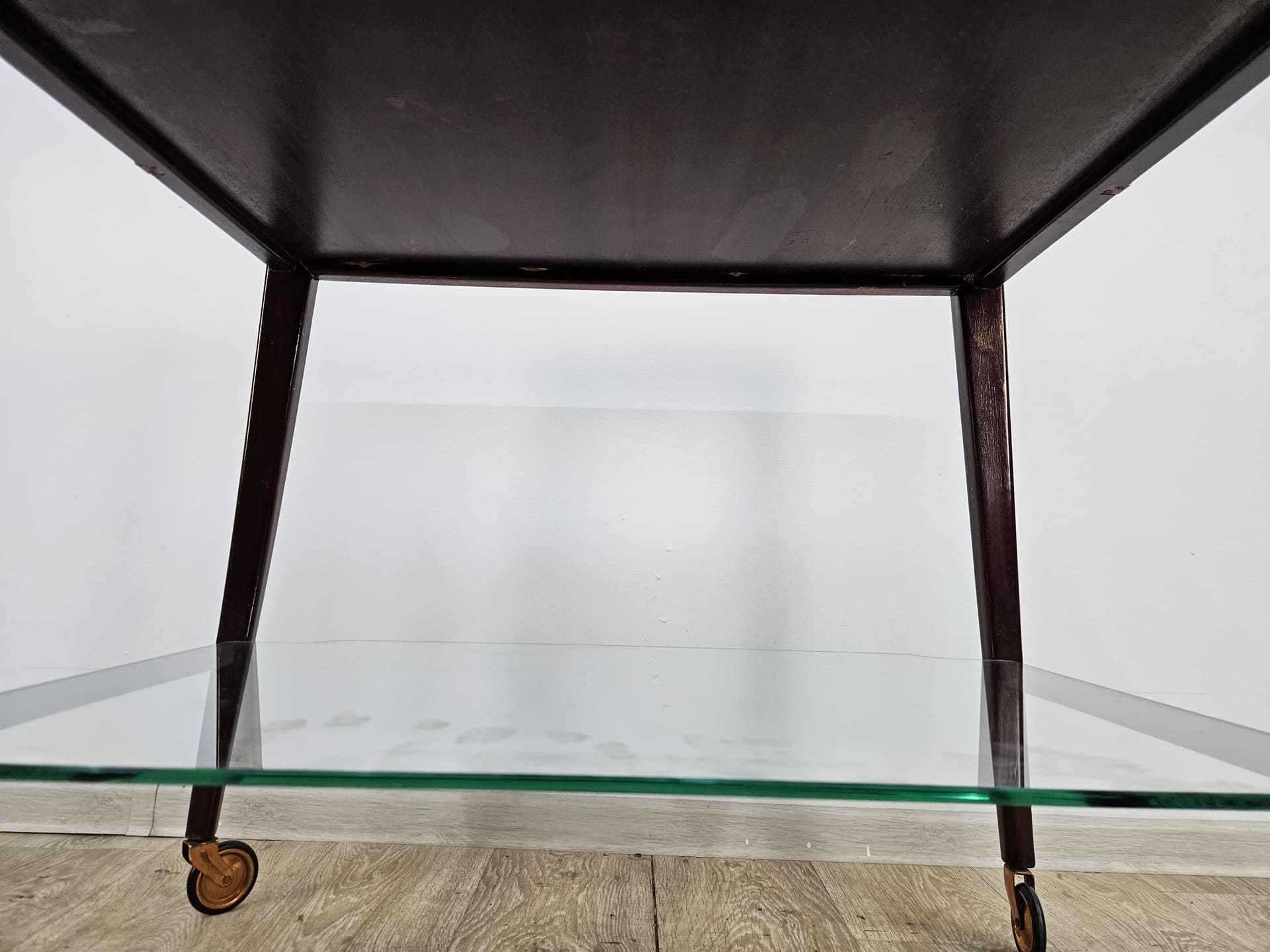 Bar cart, brown wood, glass, France, 1960s - 363799