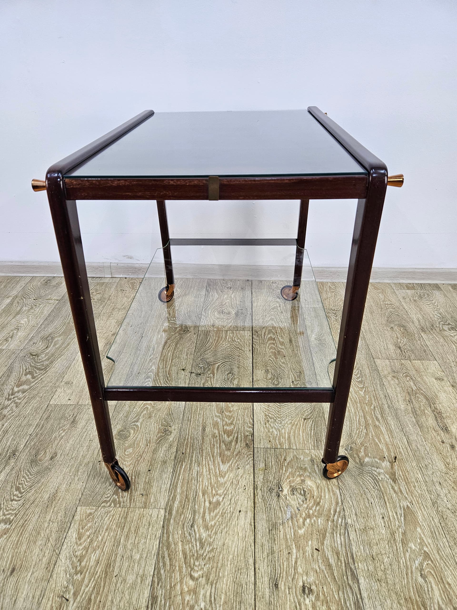 Bar cart, brown wood, glass, France, 1960s - 363786