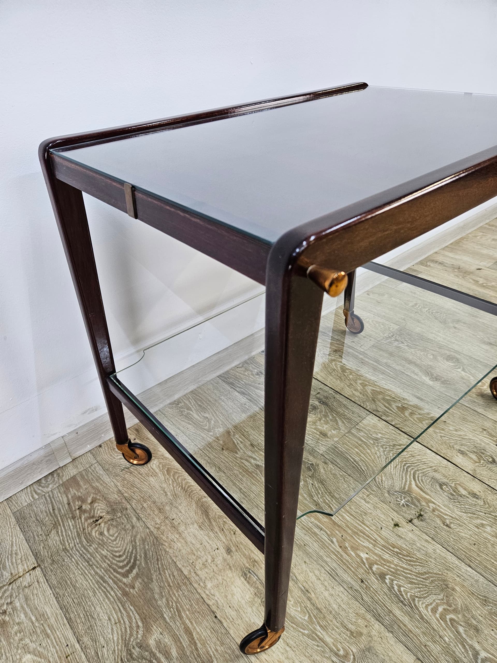 Bar cart, brown wood, glass, France, 1960s - 363795