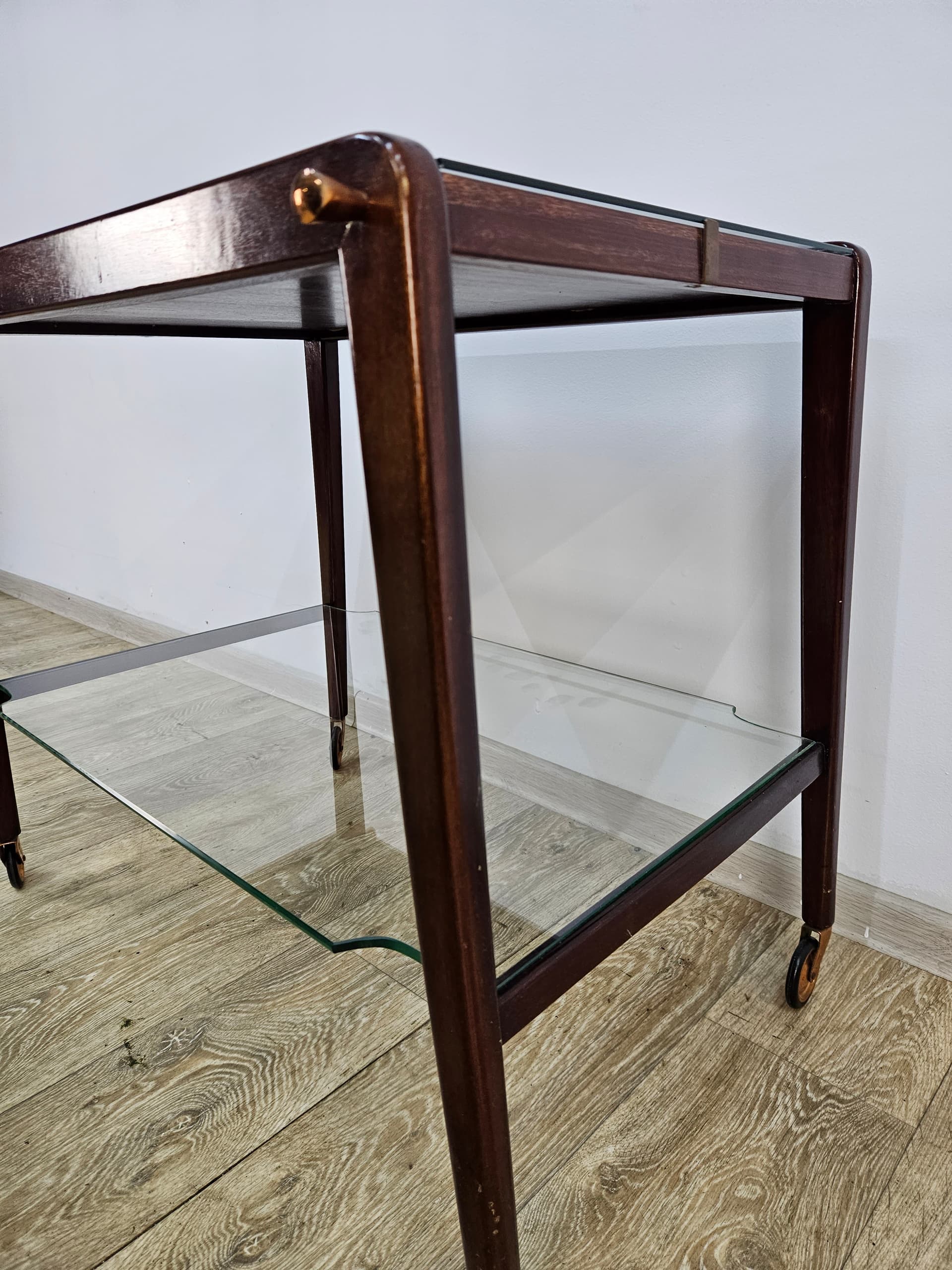 Bar cart, brown wood, glass, France, 1960s - 363794