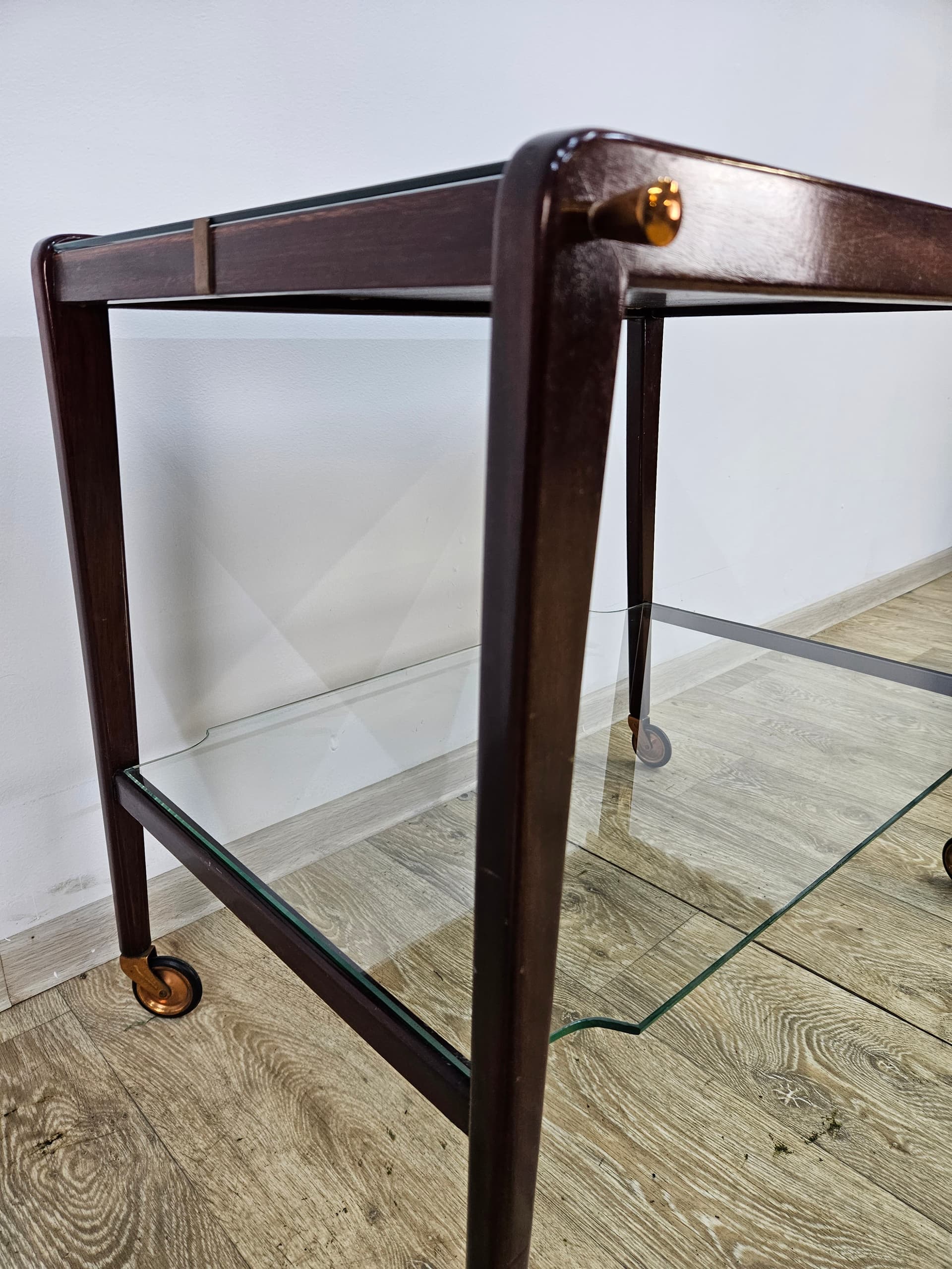 Bar cart, brown wood, glass, France, 1960s - 363798
