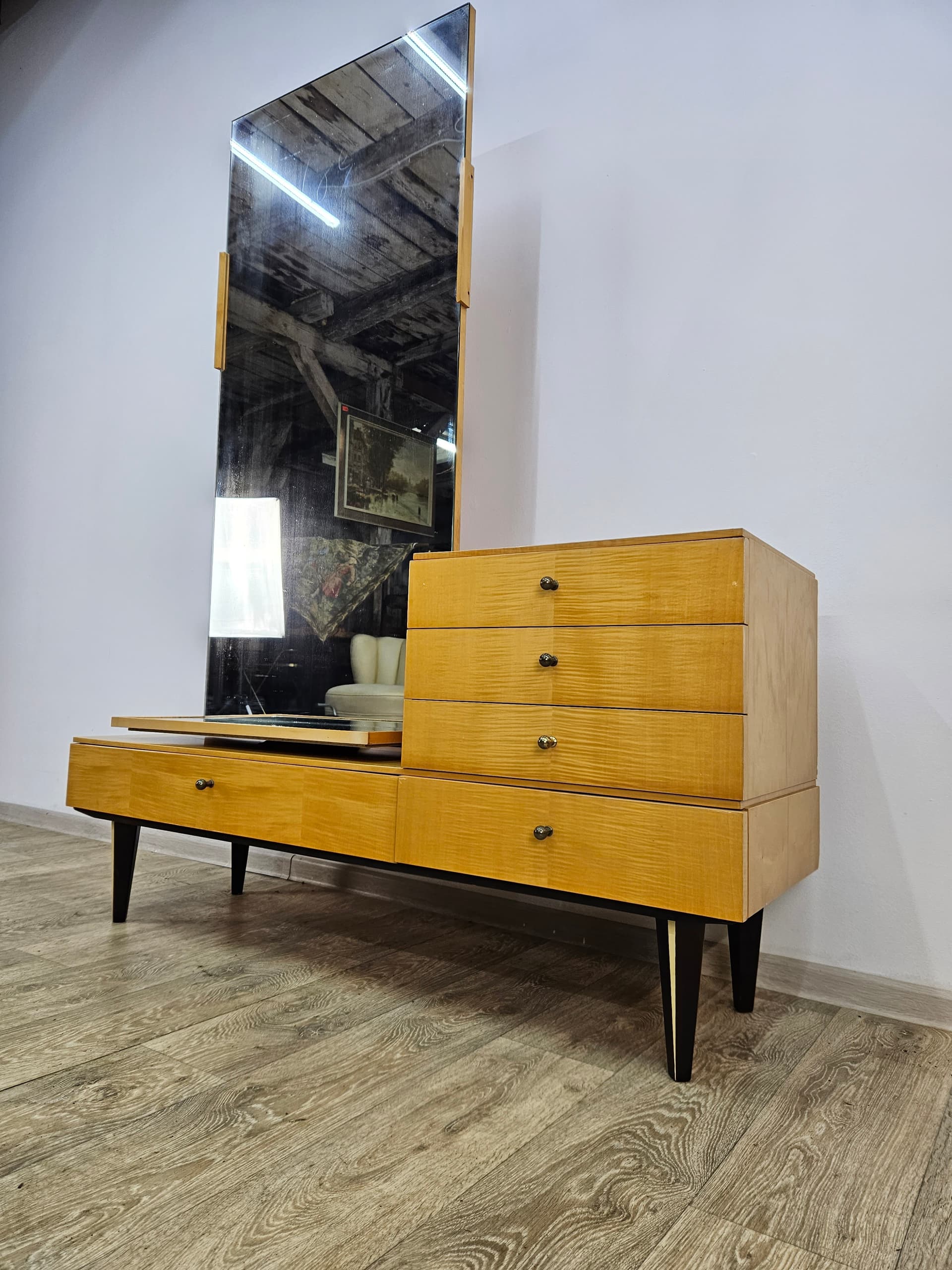 Dressing Table, light birch, dark brown wood, glass, Germany, 1960s. - 363832