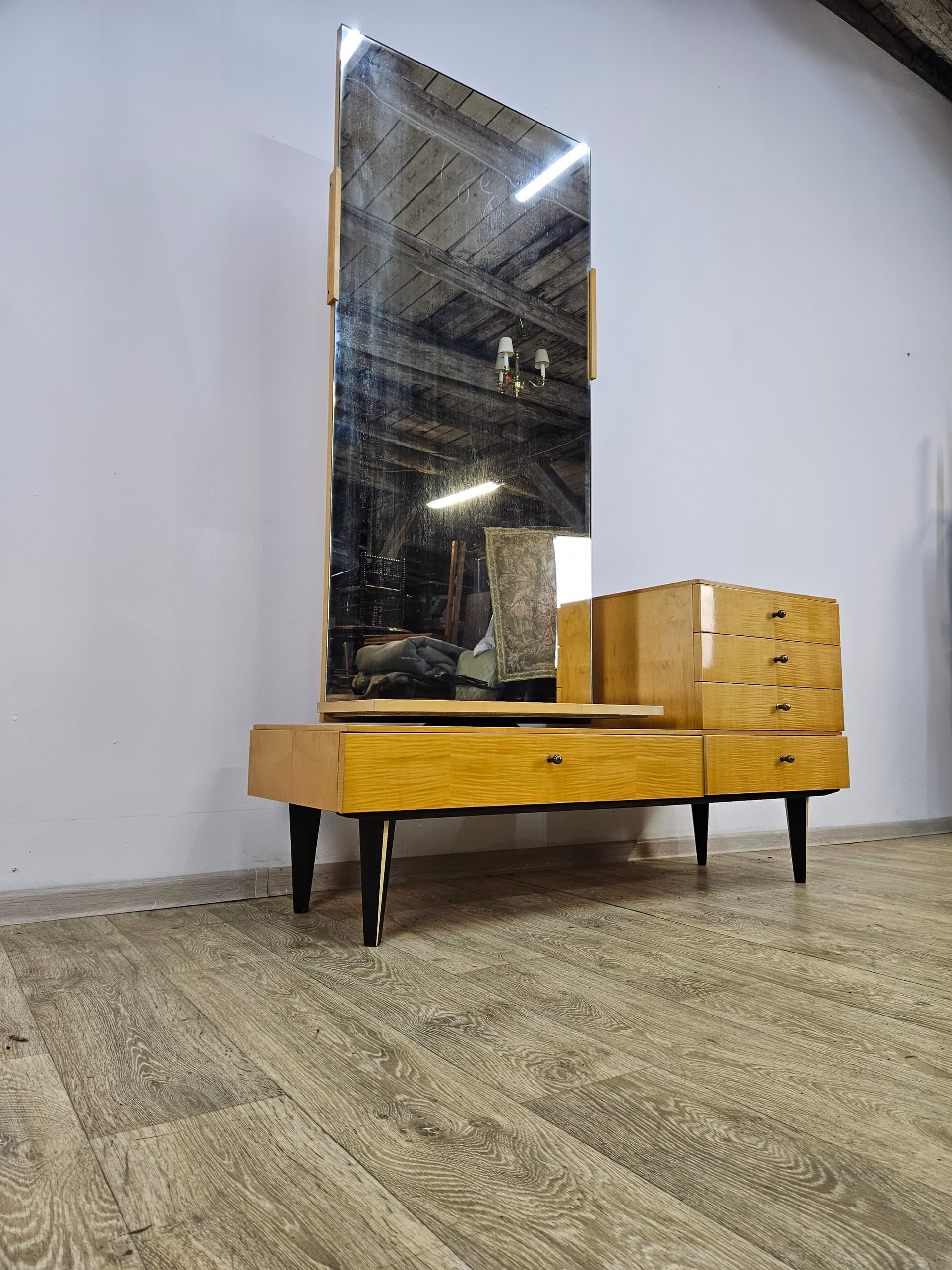 Dressing Table, light birch, dark brown wood, glass, Germany, 1960s. - 363829