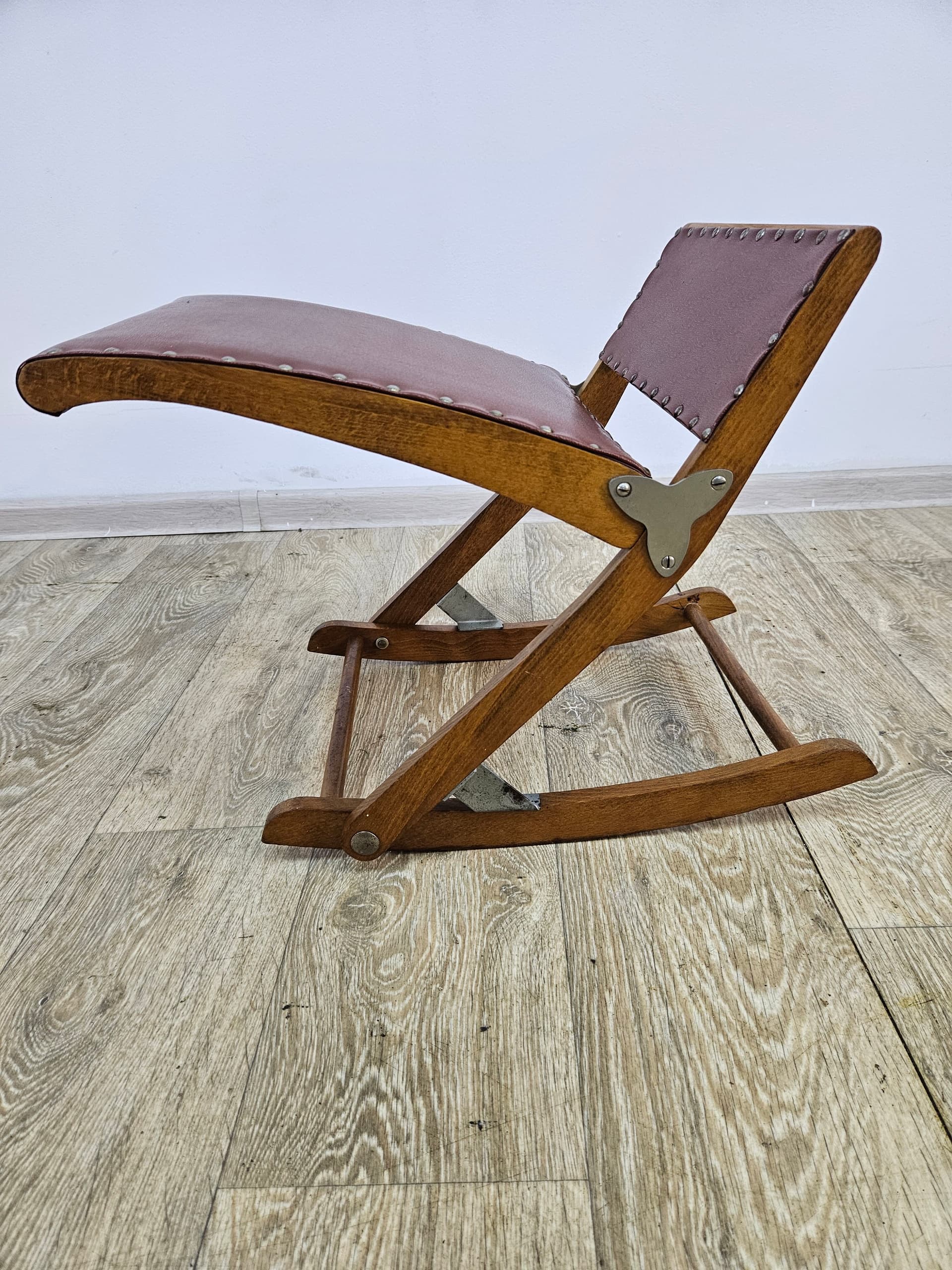 Folding footstool, brown, wood faux leather, Austria, 1970s - 363847
