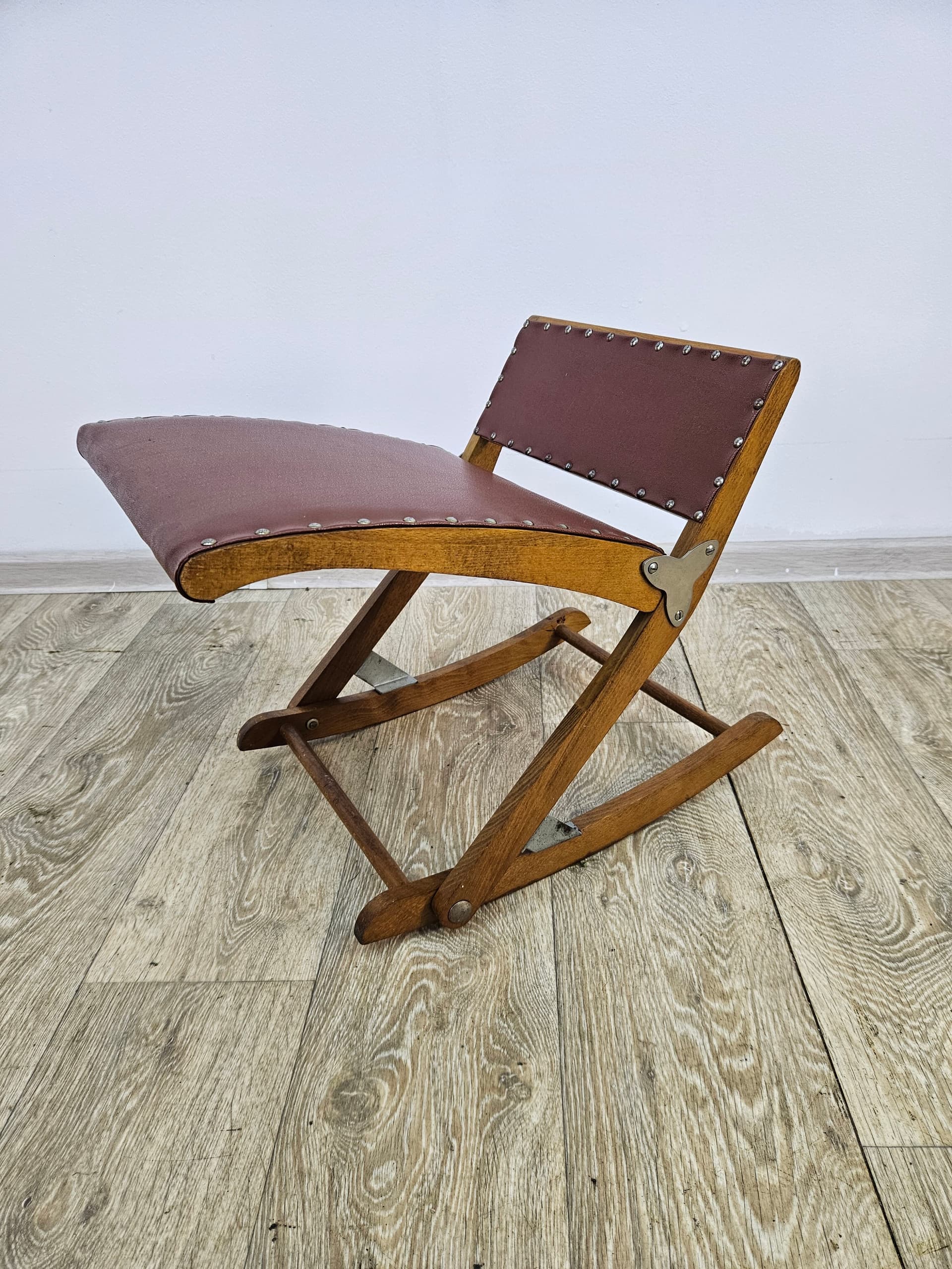 Folding footstool, brown, wood faux leather, Austria, 1970s - 363844