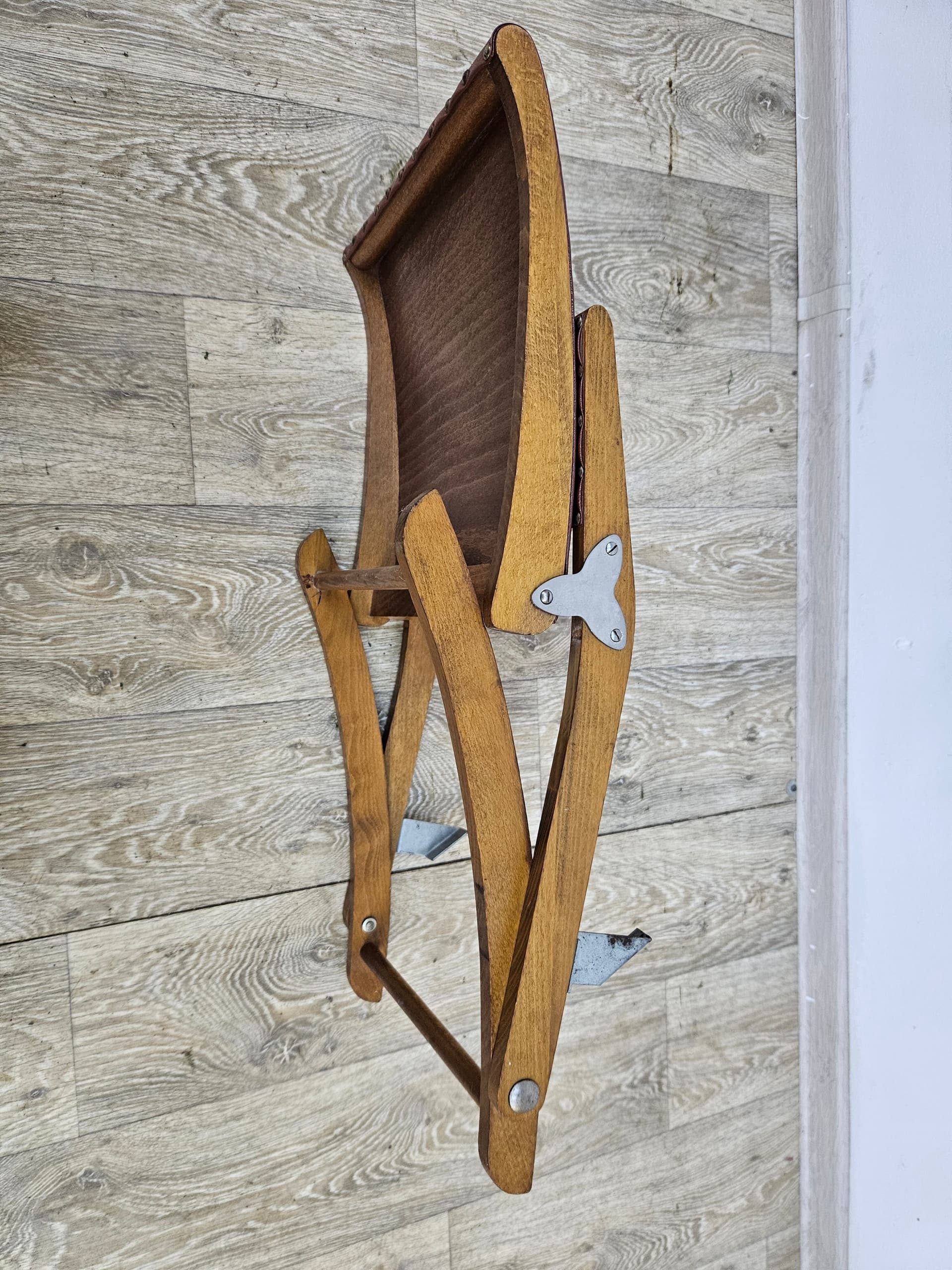 Folding footstool, brown, wood faux leather, Austria, 1970s - 363841