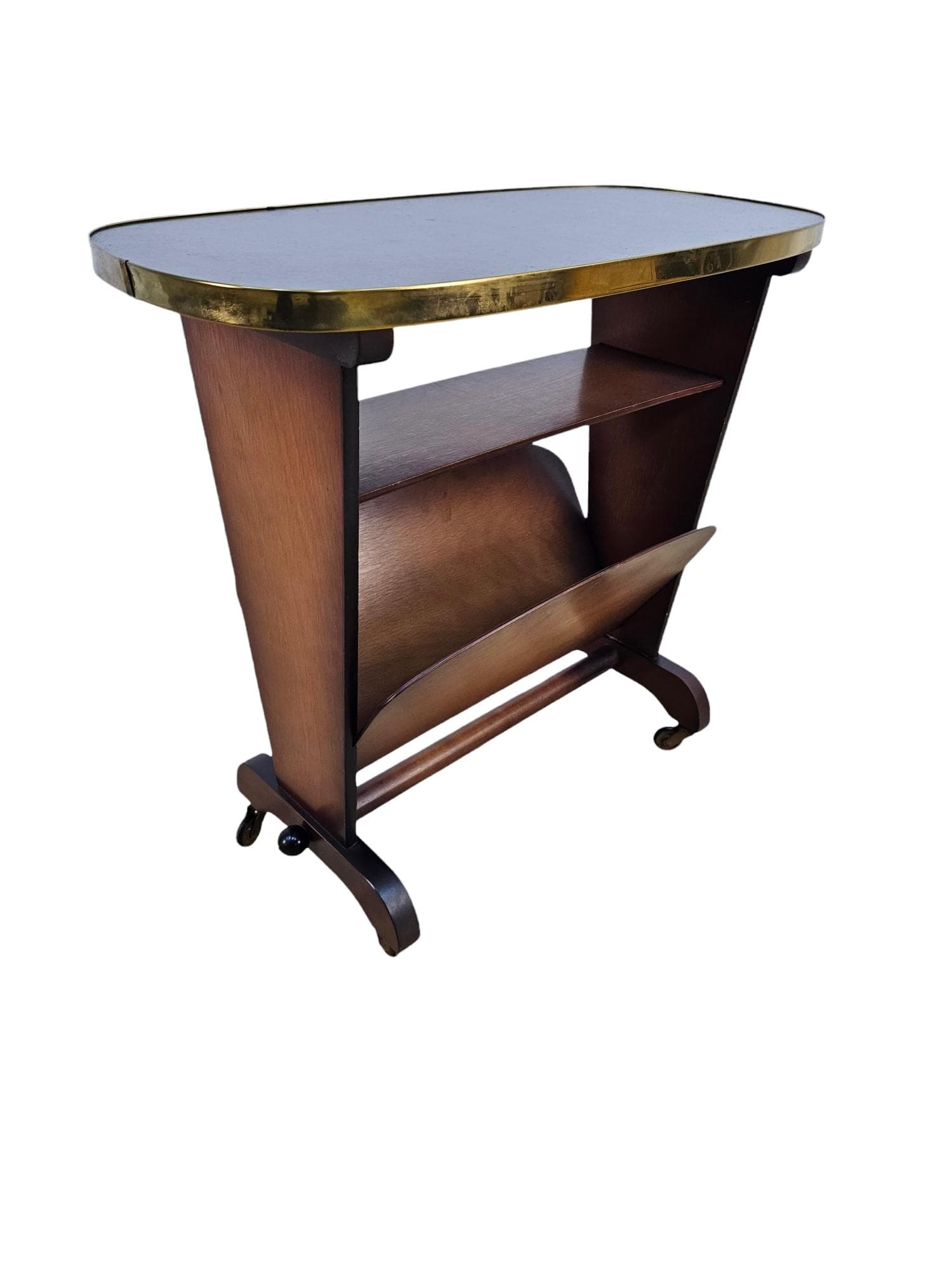 Side Table Rockabilly, brown plywood, black plastic, gold brass, Germany, 1960s.