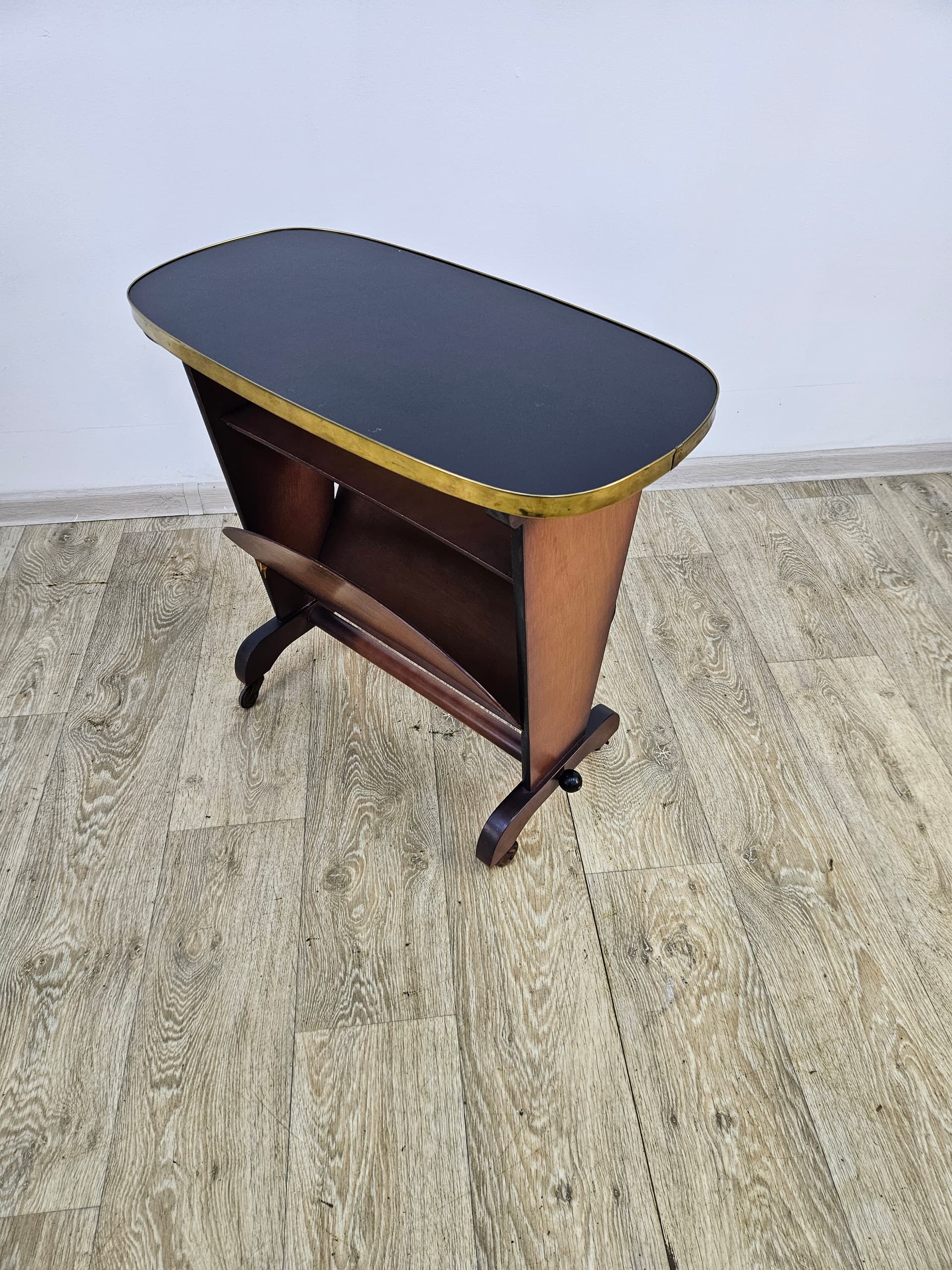 Side Table Rockabilly, brown plywood, black plastic, gold brass, Germany, 1960s. - 363862