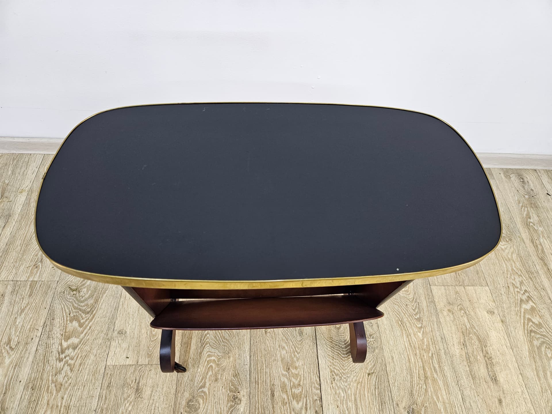 Side Table Rockabilly, brown plywood, black plastic, gold brass, Germany, 1960s. - 363861