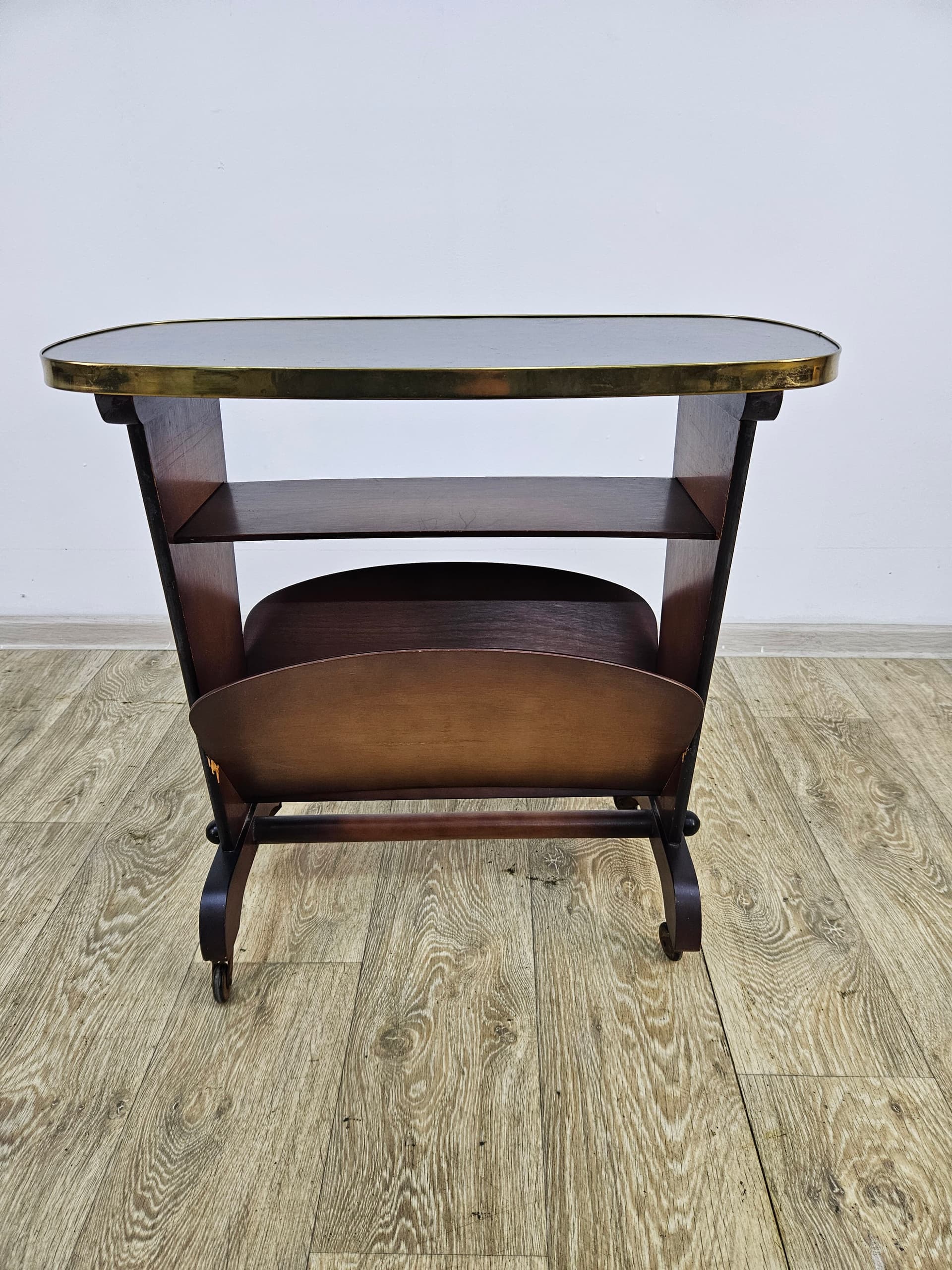 Side Table Rockabilly, brown plywood, black plastic, gold brass, Germany, 1960s. - 363865