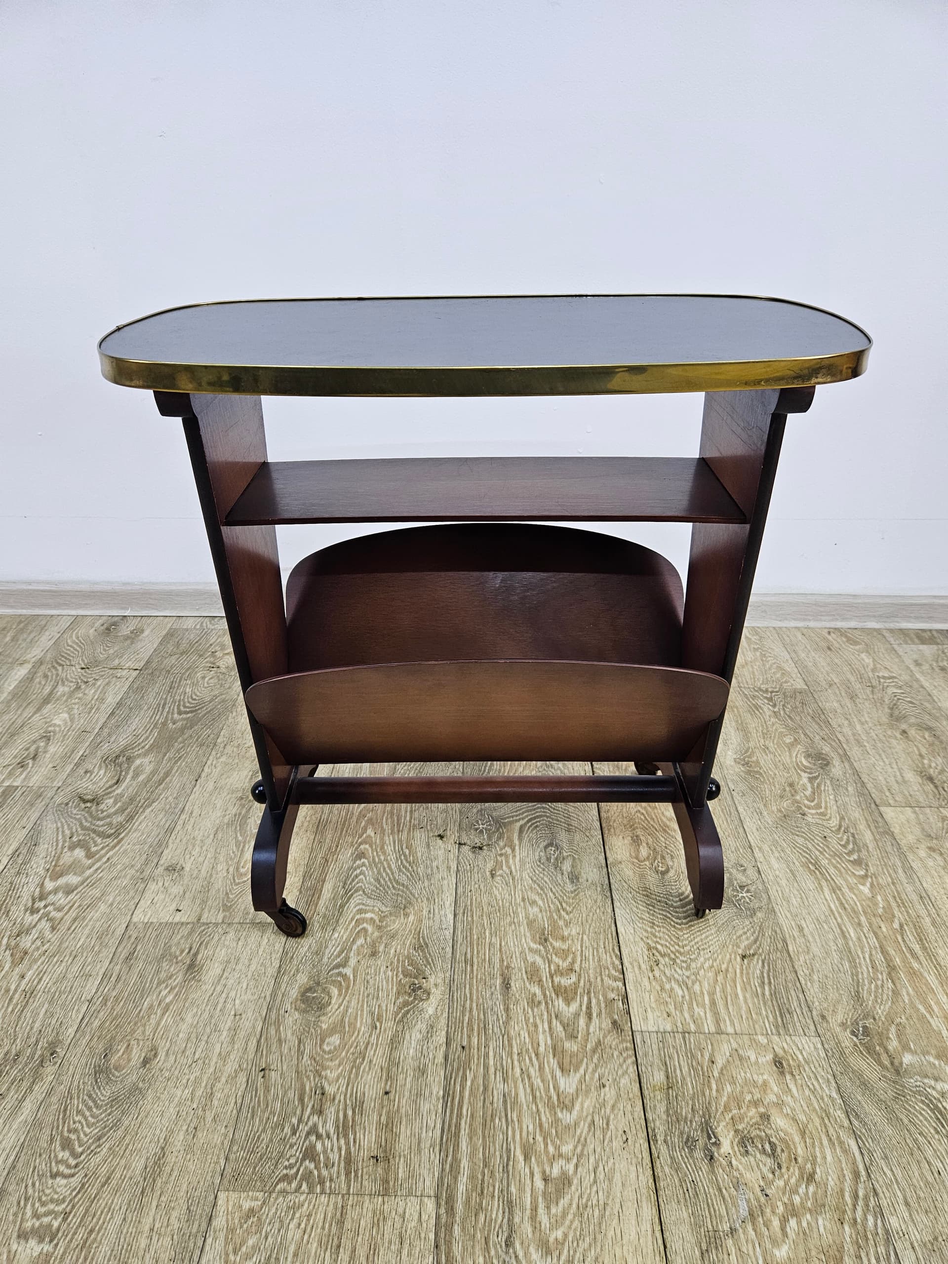 Side Table Rockabilly, brown plywood, black plastic, gold brass, Germany, 1960s. - 363867